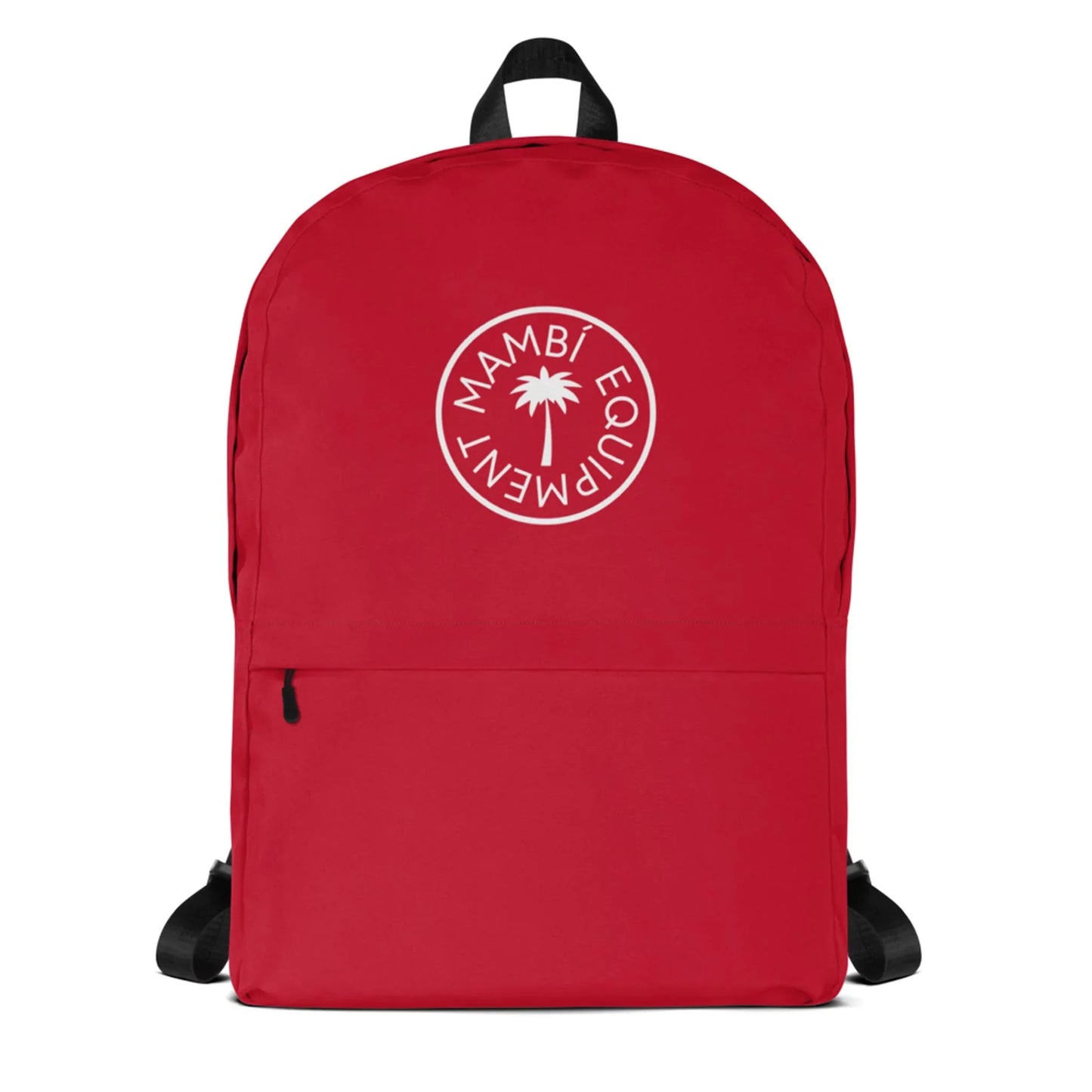 The Boulevard East All-Purpose Backpack by Printful is red, features a front zipper pocket, a laptop compartment, and a white circular logo with a palm tree and the text MAMBI EQUIPMENT.