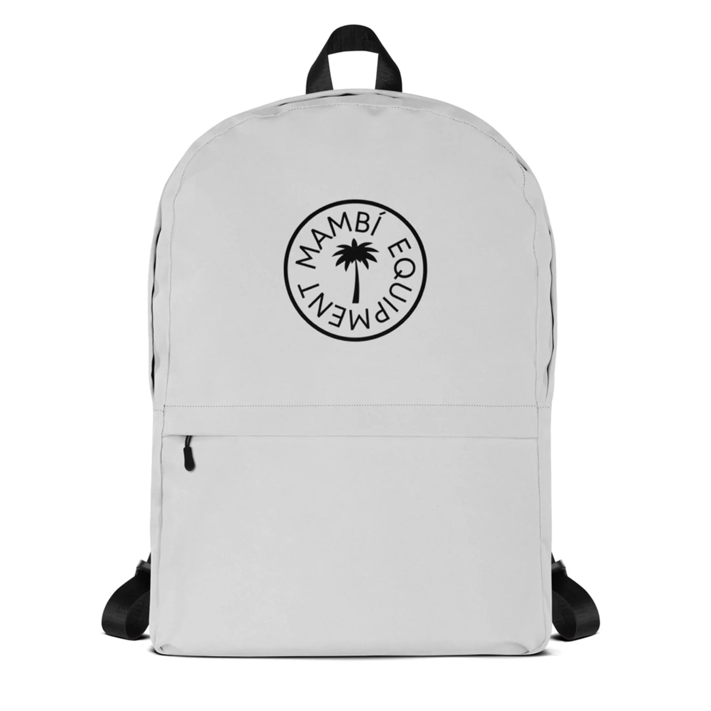 The Printful Boulevard East All-Purpose Backpack is light gray with black straps, a front zipper pocket, and a laptop compartment. Its black circular logo shows a palm tree with MAMBÍ EQUIPMENT around it.
