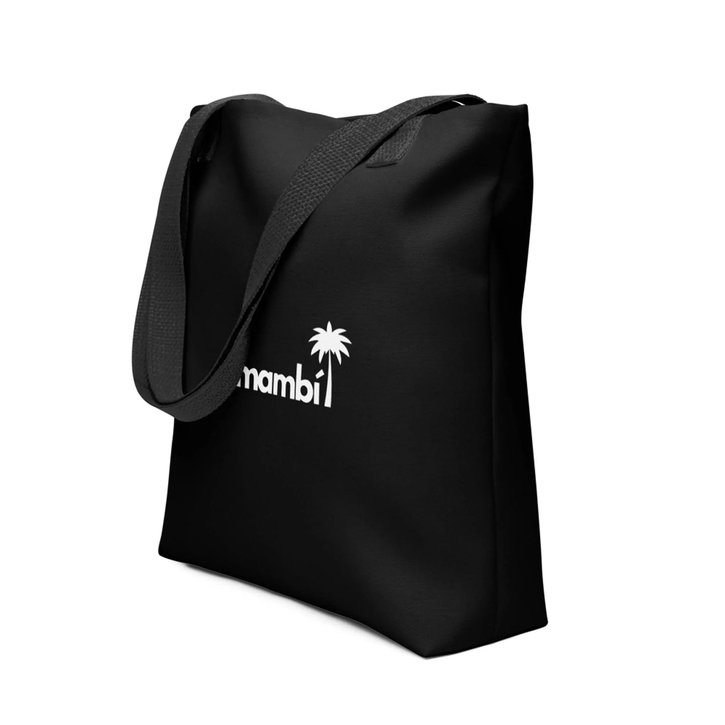 A black tote bag with a long shoulder strap, featuring a white palm tree graphic and the word Namib printed on the front, inspired by Mambí style.