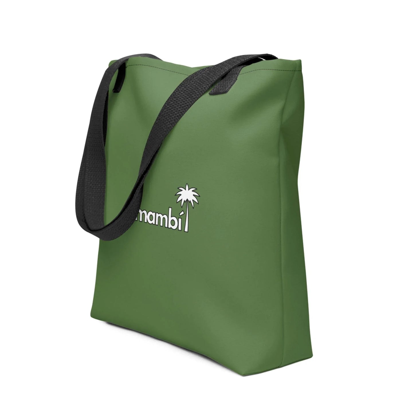 A green tote bag with black handles, featuring the word Mambí and a white palm tree graphic printed on the front.
