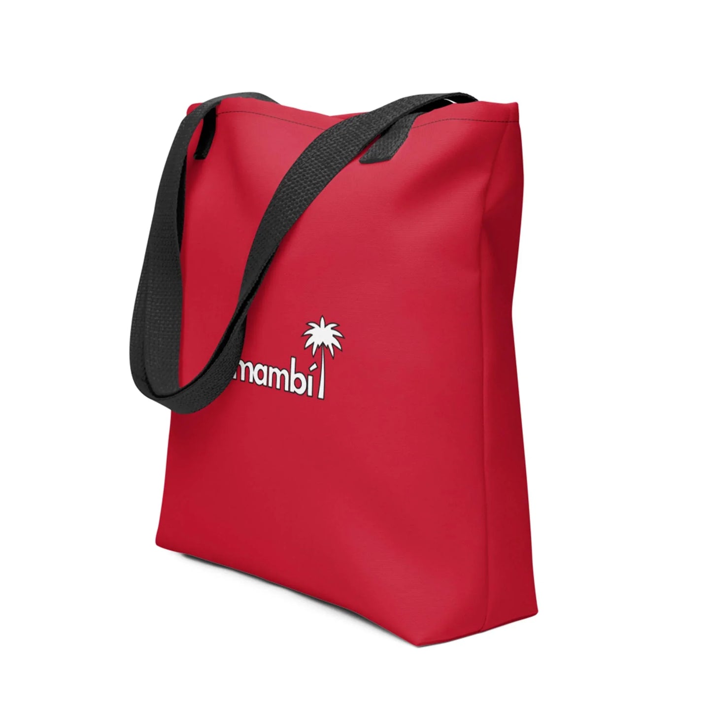A red tote bag with black handles, featuring the word Mambí and a white palm tree graphic on the front.