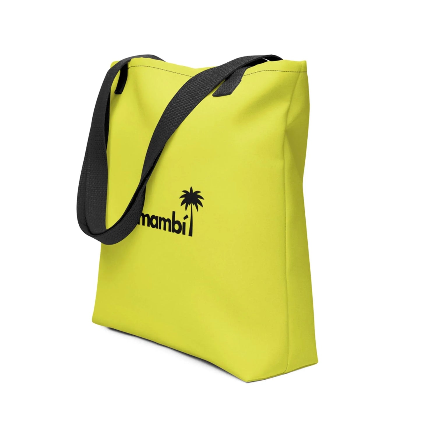A bright yellow Mambí tote bag with black handles and a bold black palm tree graphic next to the word mambi on the front.