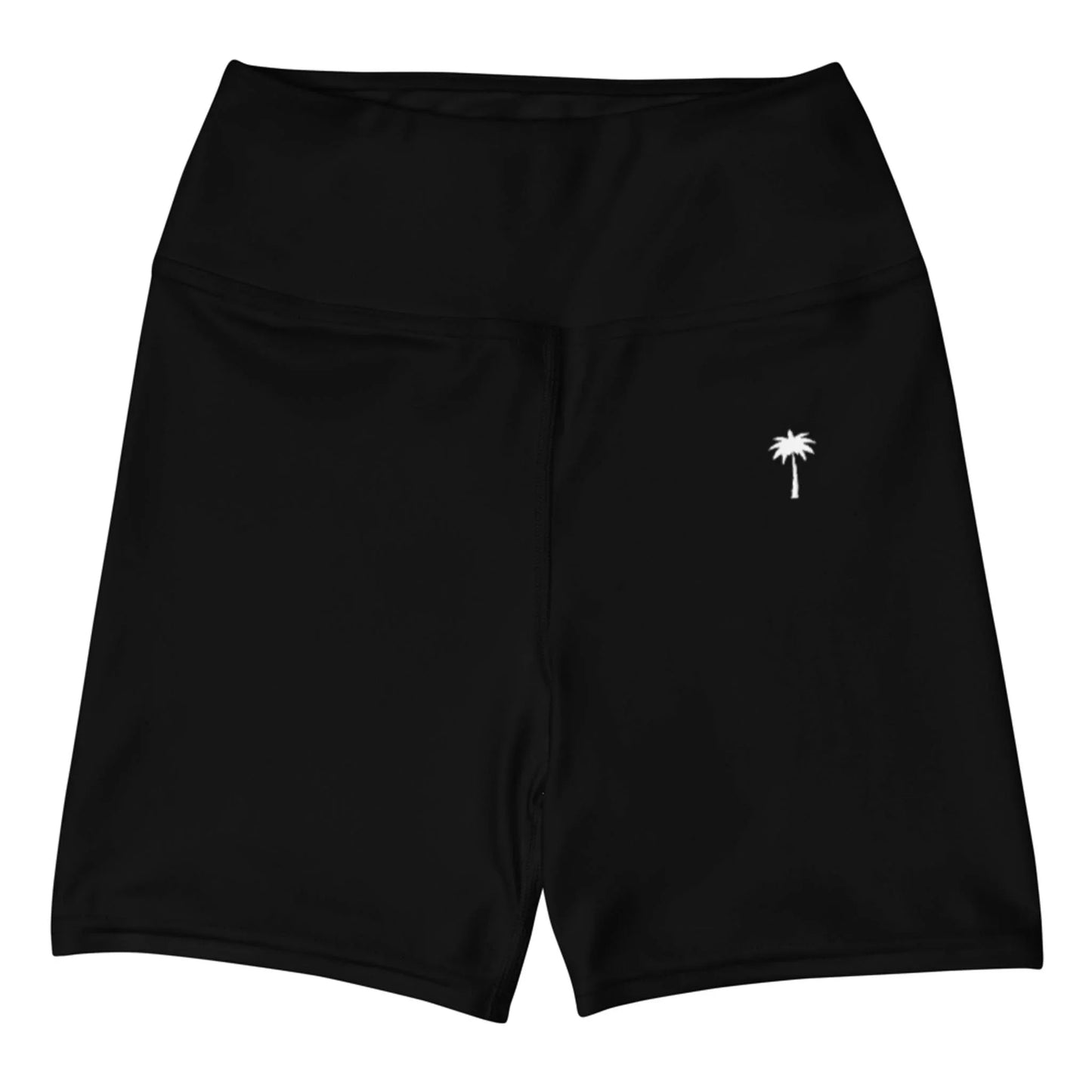 The Brickell Yoga Shorts by Printful are black, high-waisted bikers for women with a small white palm tree on the left thigh. They feature four-way stretch and a smooth, fitted design for flexible comfort.