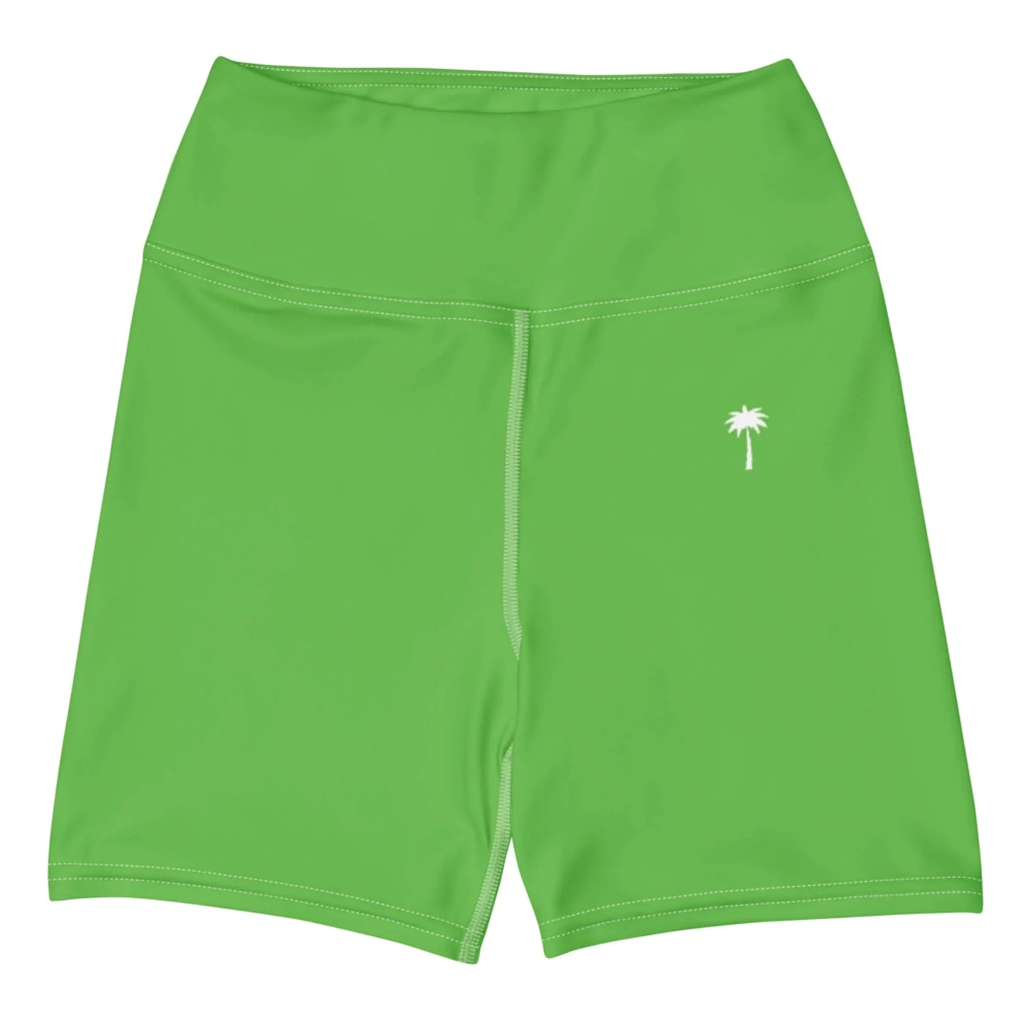 The Printful Brickell Yoga Shorts for women are bright green, high-waisted, with four-way stretch and a small white palm tree graphic on the left thigh, shown against a plain white background.