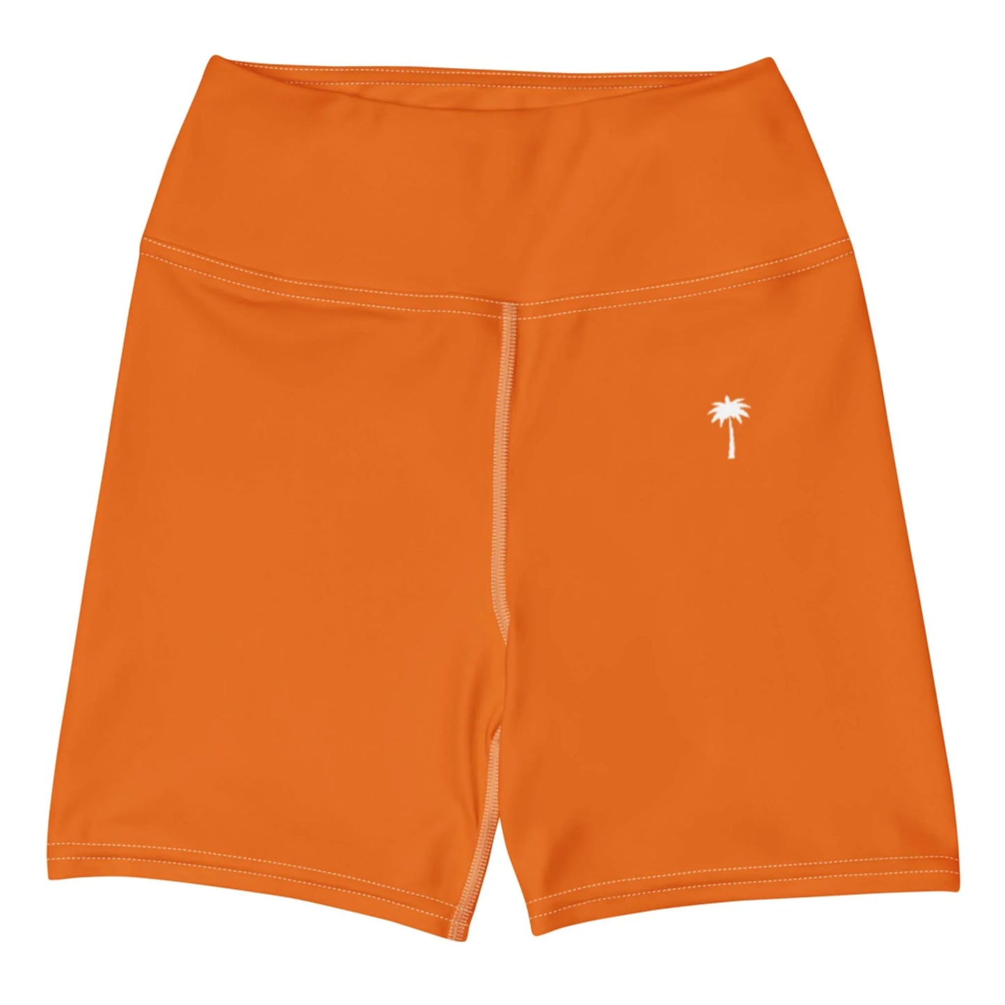The Brickell Yoga Shorts by Printful are high-waisted, orange, feature four-way stretch fabric, white stitching, and a small white palm tree graphic near the left waistband.
