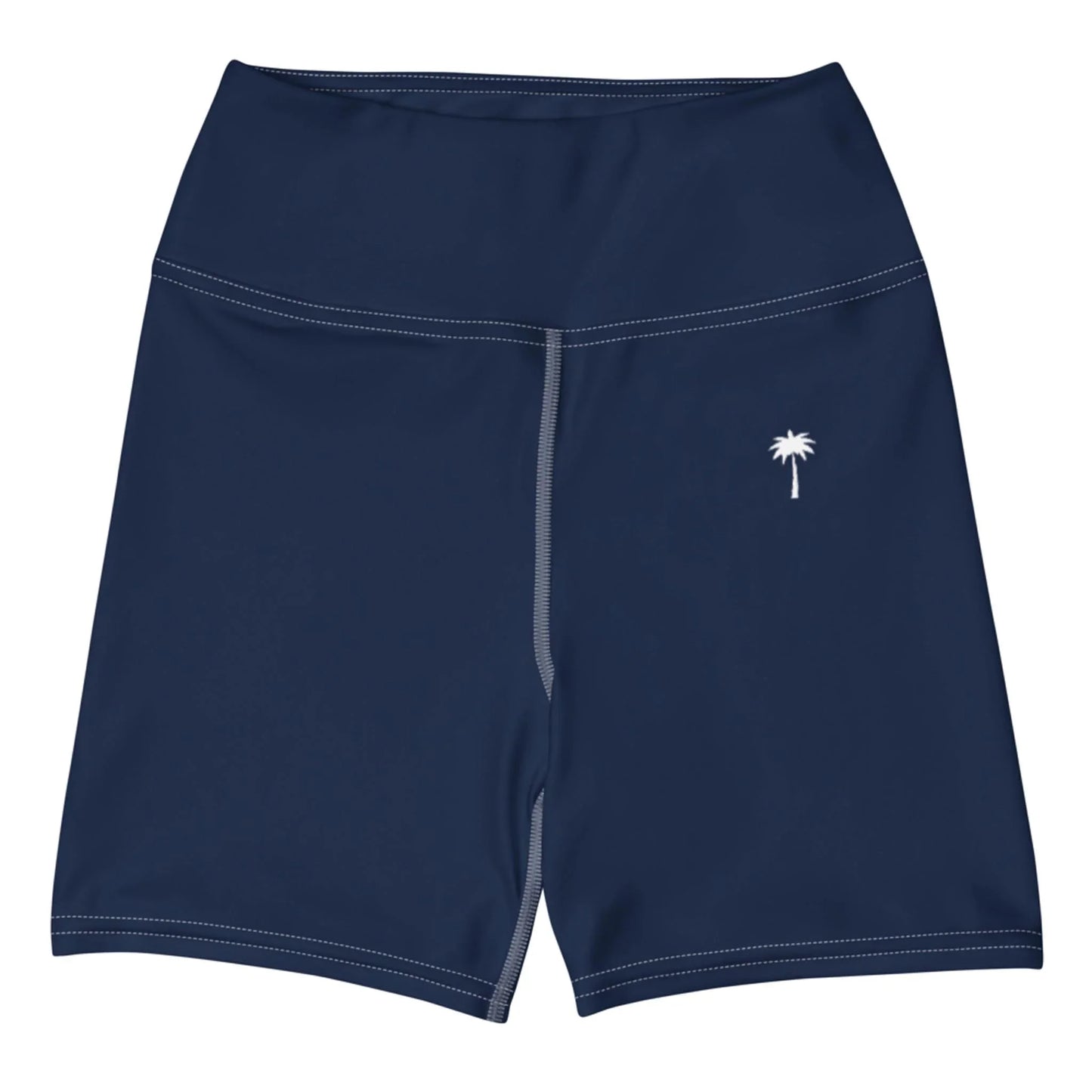 The Brickell Yoga Shorts by Printful are navy blue with a high waistband, white stitching, and a small white palm tree logo on the left thigh.