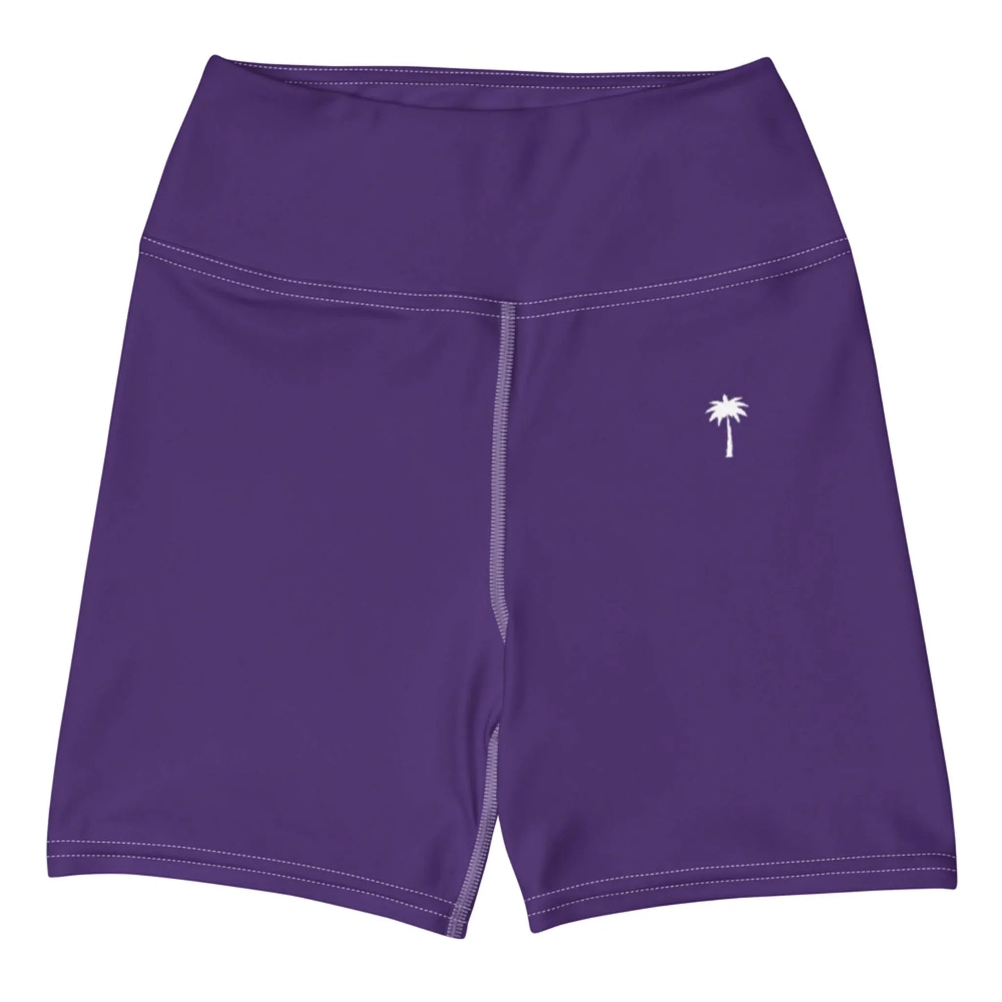 The Brickell Yoga Shorts by Printful are high-waisted, purple, and feature a small white palm tree on the left leg, visible white seams, and four-way stretch for comfort.