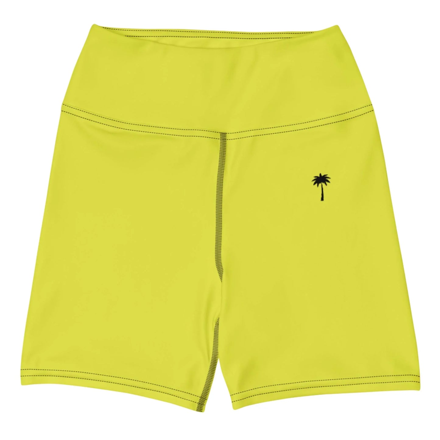 The Brickell Yoga Shorts by Printful feature bright yellow, high-waisted design with black stitching, a high waistband, four-way stretch fabric, and a small black palm tree graphic on the left hip.