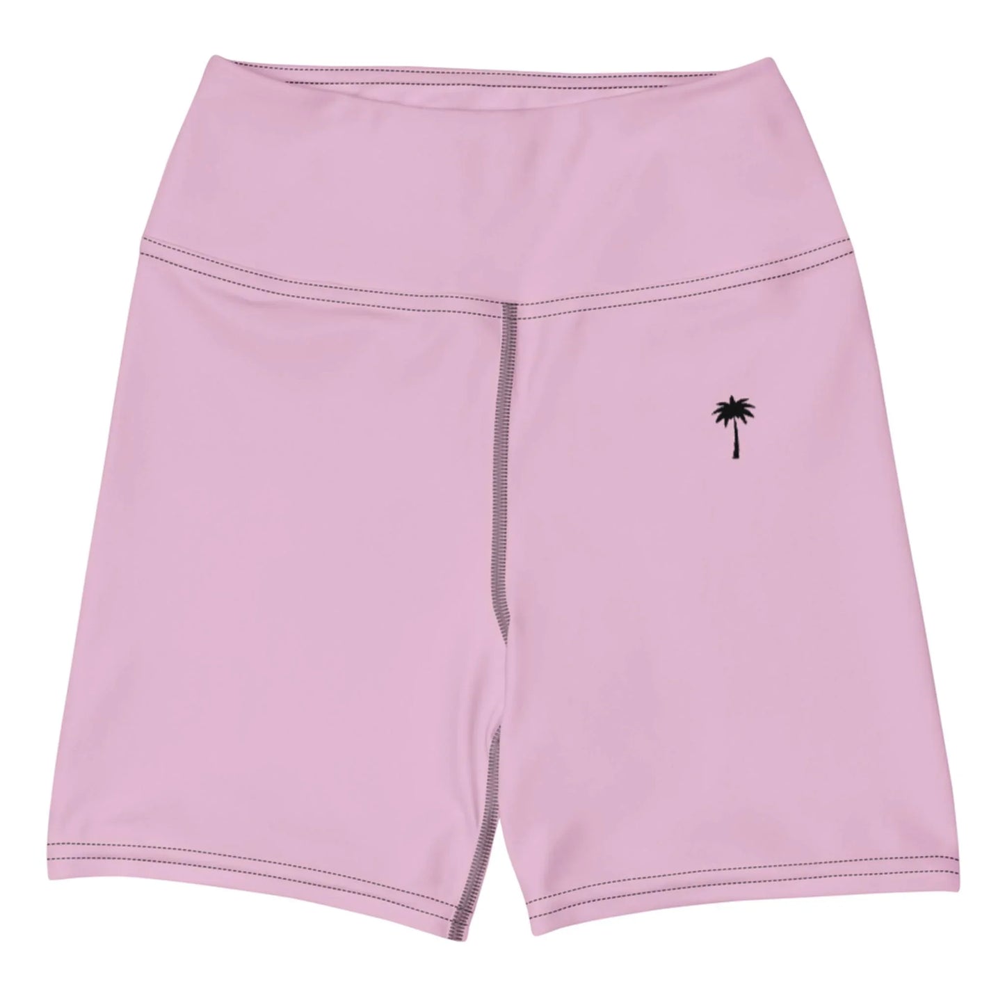 Printful Brickell Yoga Shorts for women: light pink, high-waisted with black stitching, supportive waistband, flexible four-way stretch, and a small black palm tree graphic on the left thigh.