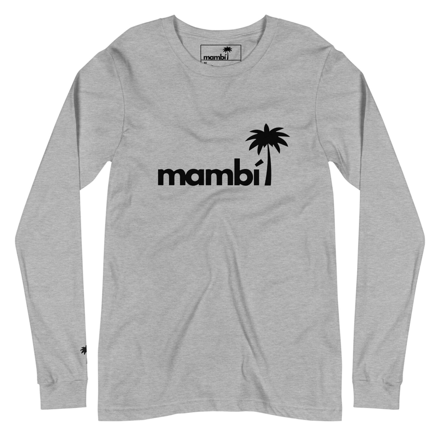 Light gray long-sleeve shirt featuring Mambí in bold black letters on the chest. A black palm tree graphic is creatively integrated, with the trunk forming the letter i in Mambí.