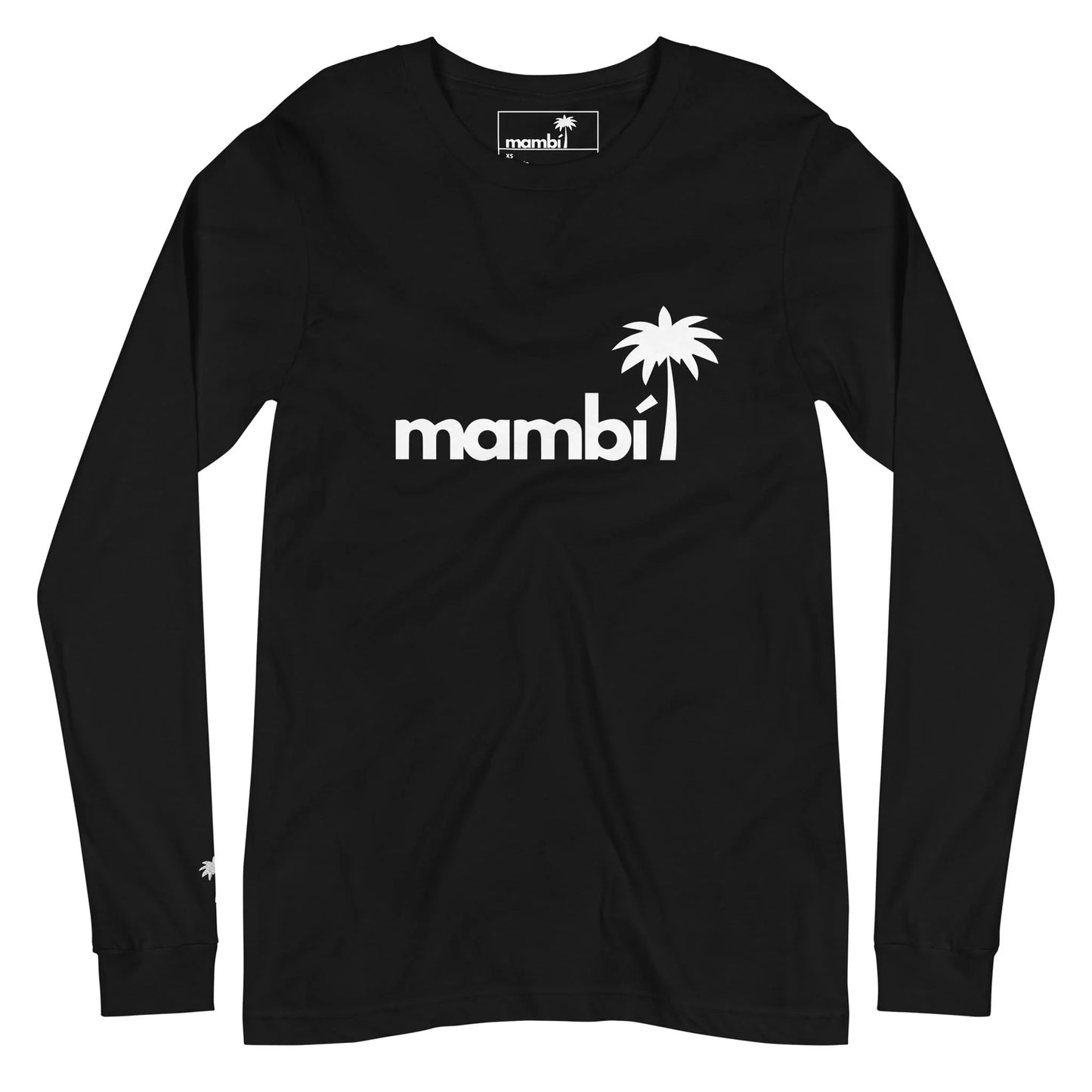 Black long-sleeve shirt featuring Mambí in white lowercase letters with a palm tree graphic on the chest. A small palm tree also accents the left wrist.