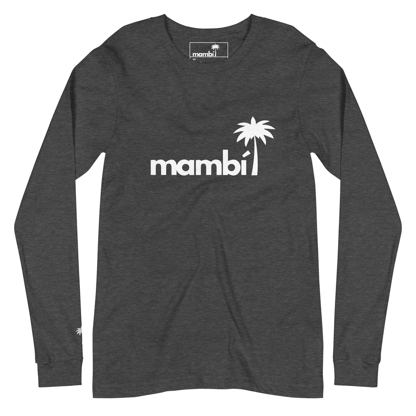 A dark gray long-sleeve shirt featuring the word Mambí in white lowercase letters, with a palm tree graphic replacing the dot over the i on the chest.