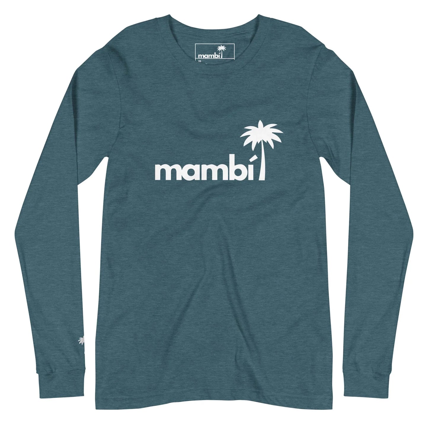 Teal long-sleeve shirt with the word Mambí and a white palm tree graphic on the chest, plus a small white palm tree near the left wrist.
