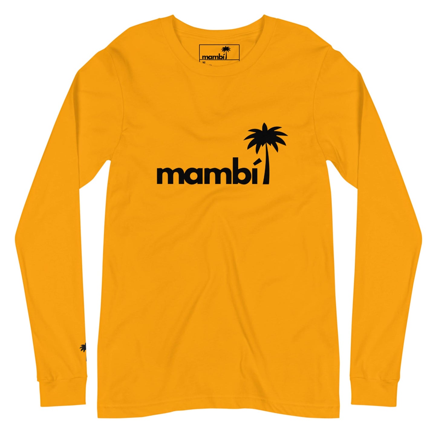 A long-sleeve yellow shirt featuring the black word Mambí and a palm tree graphic above the chest; the same logo appears on the inner collar tag and near the left wrist.
