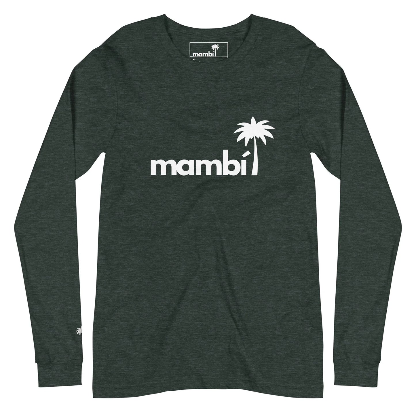 Dark gray long-sleeve shirt featuring the word “Mambí” in white lowercase letters, with a white palm tree graphic replacing the dot above the i. A small palm tree accents the left sleeve.
