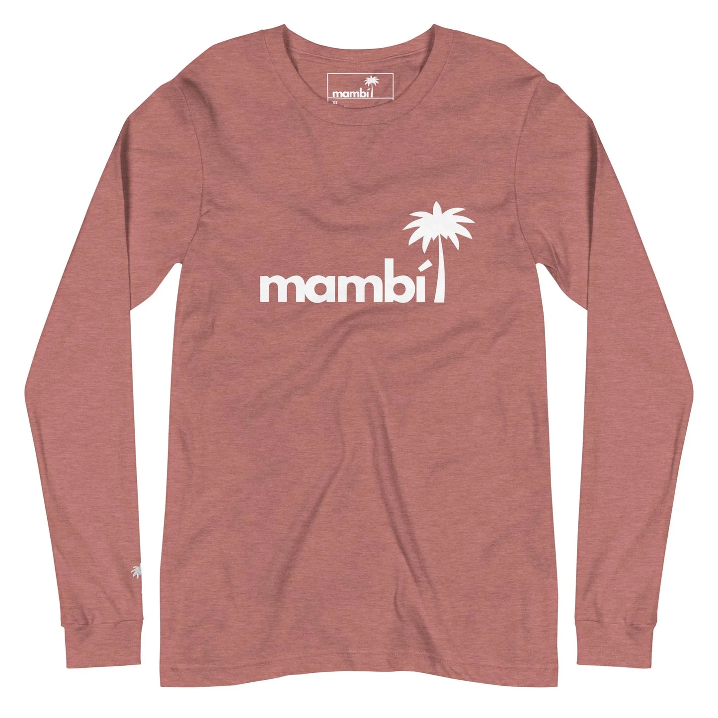 Long-sleeve, mauve-colored shirt featuring Mambí and a white palm tree graphic printed on the chest.