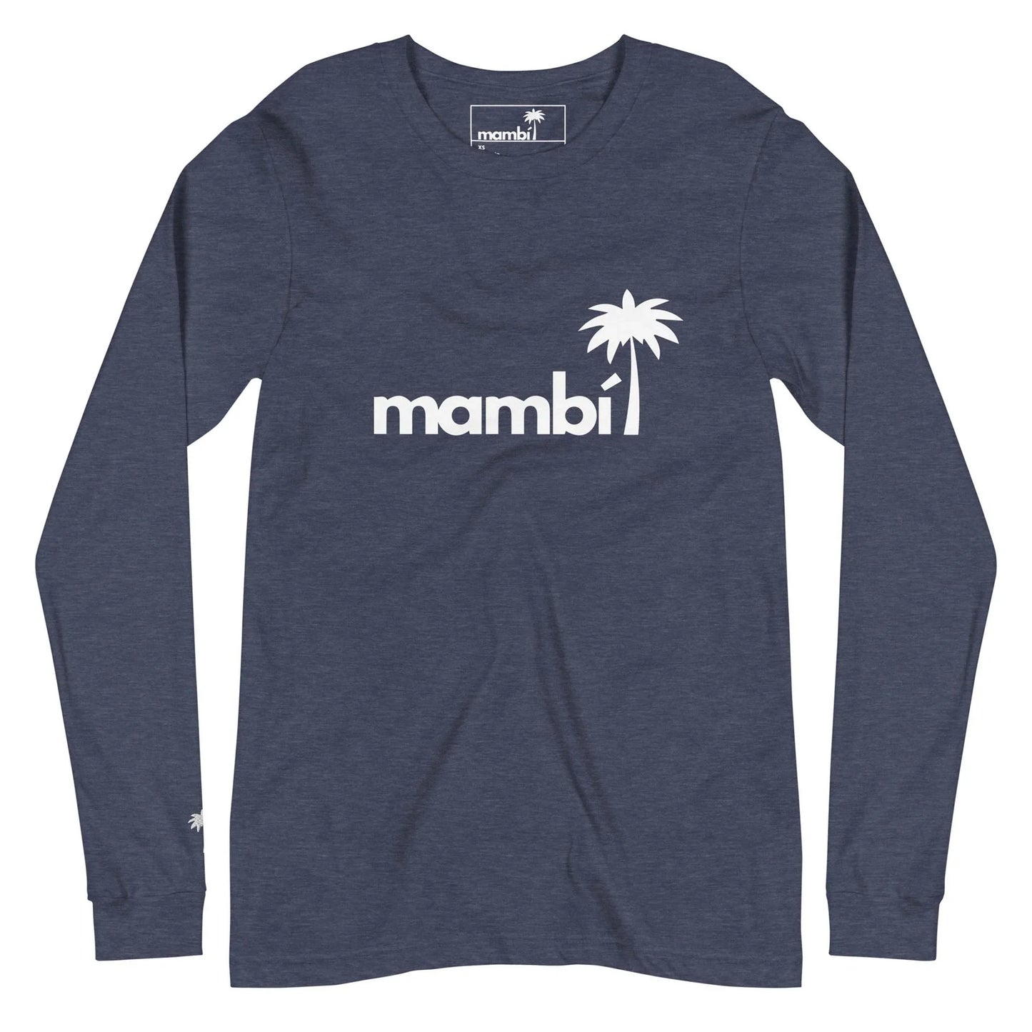 A navy blue long-sleeve t-shirt featuring the word Mambí and a white palm tree graphic printed on the chest, with the same palm tree logo on the left sleeve near the wrist.