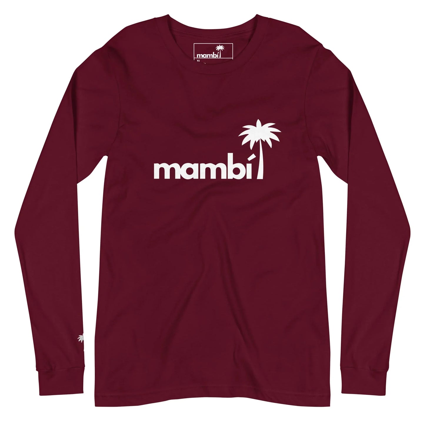 A long-sleeve maroon t-shirt featuring the word Mambí in white lowercase letters and a white palm tree graphic above the logo on the left chest.