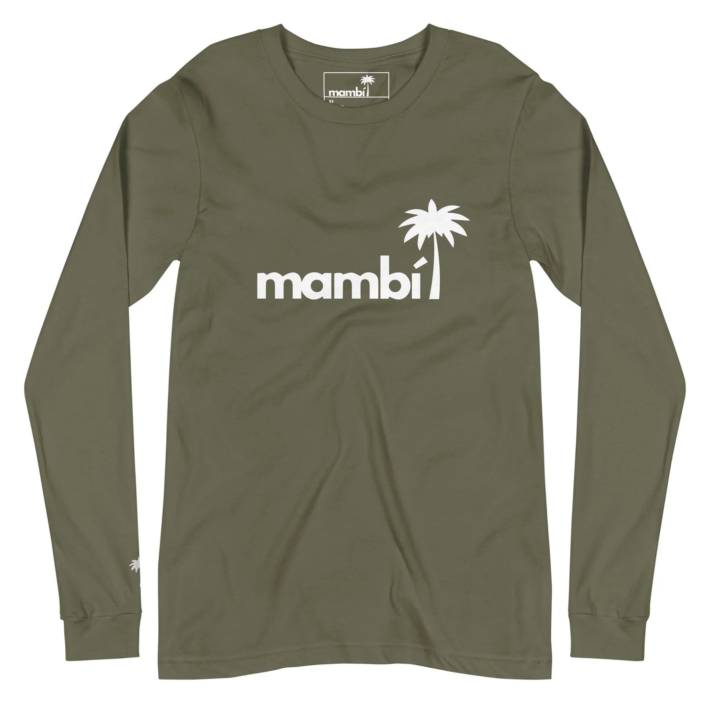 Olive green long-sleeve shirt with the word Mambí in white and a white palm tree graphic above the chest. A small palm tree is also featured on the left sleeve cuff.