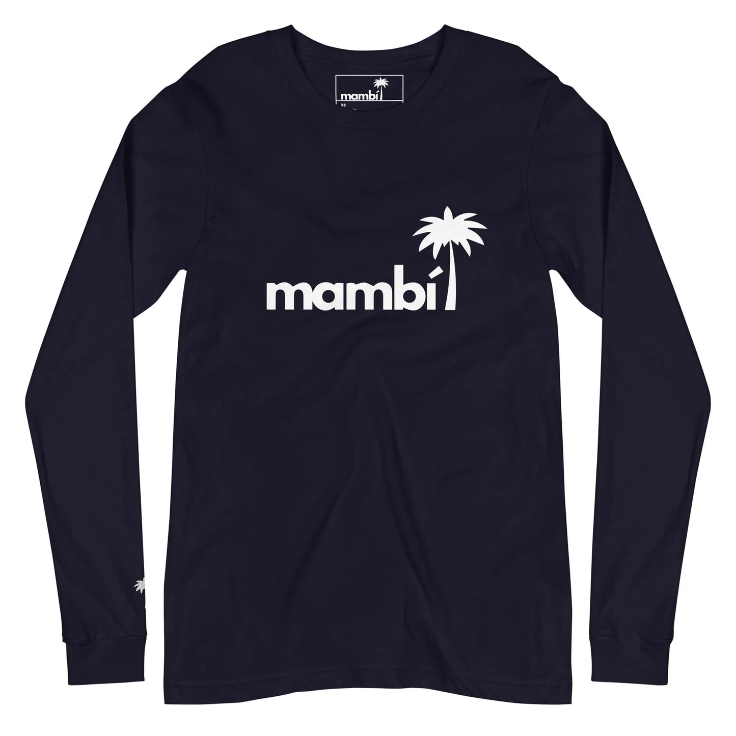 A black long-sleeve shirt featuring the word Mambí in white lowercase letters with a palm tree graphic on the front, and a small palm tree on the left sleeve near the cuff.