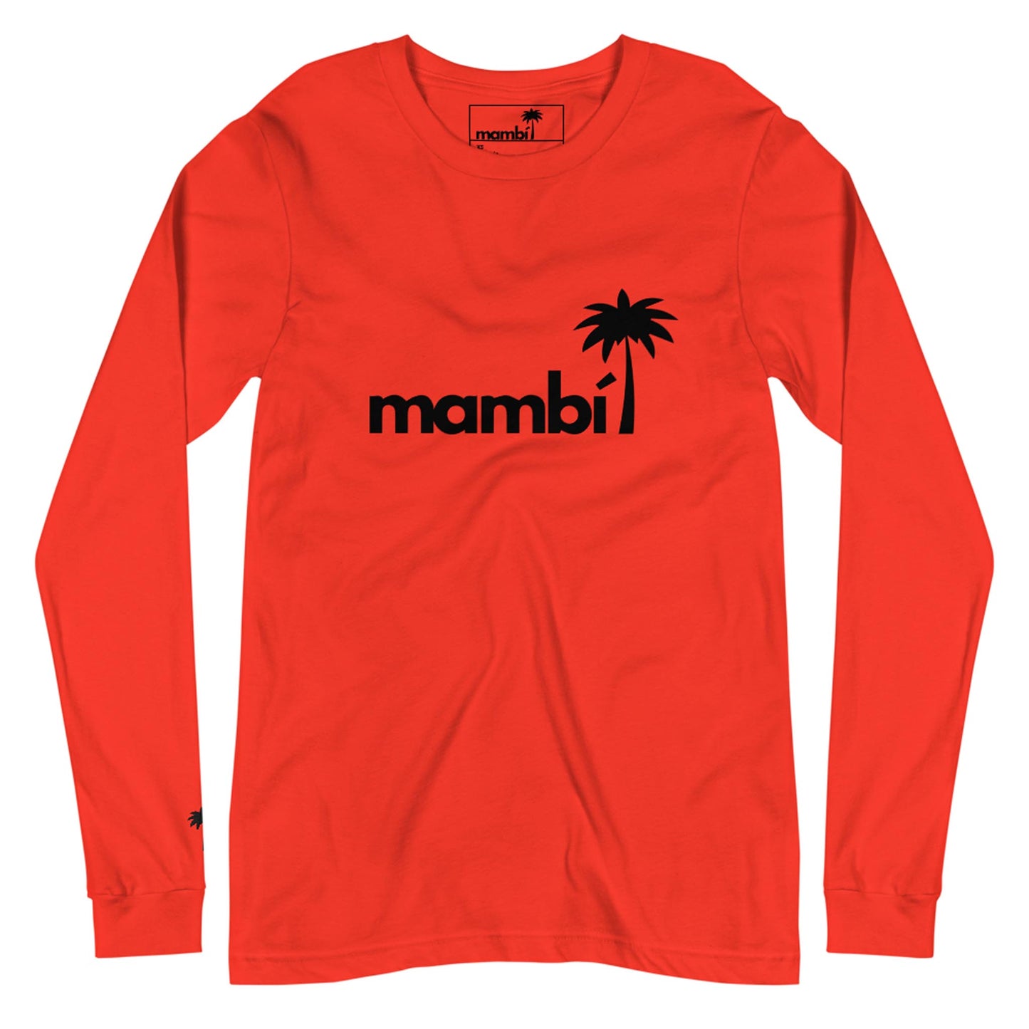 A long-sleeve, bright red shirt featuring the word Mambí in bold black letters and a black palm tree graphic above the chest area.
