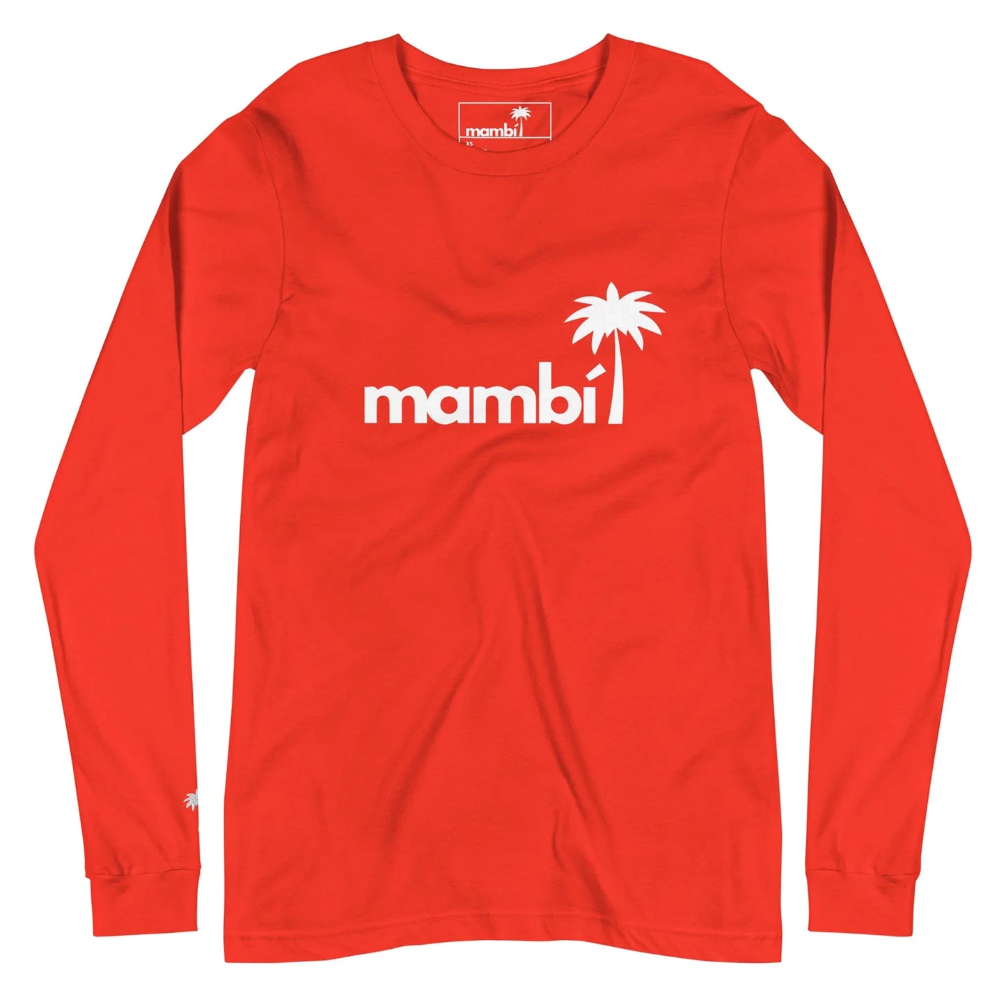 A bright red long-sleeve shirt featuring the word Mambí in bold white letters with a white palm tree graphic integrated into the chest logo.