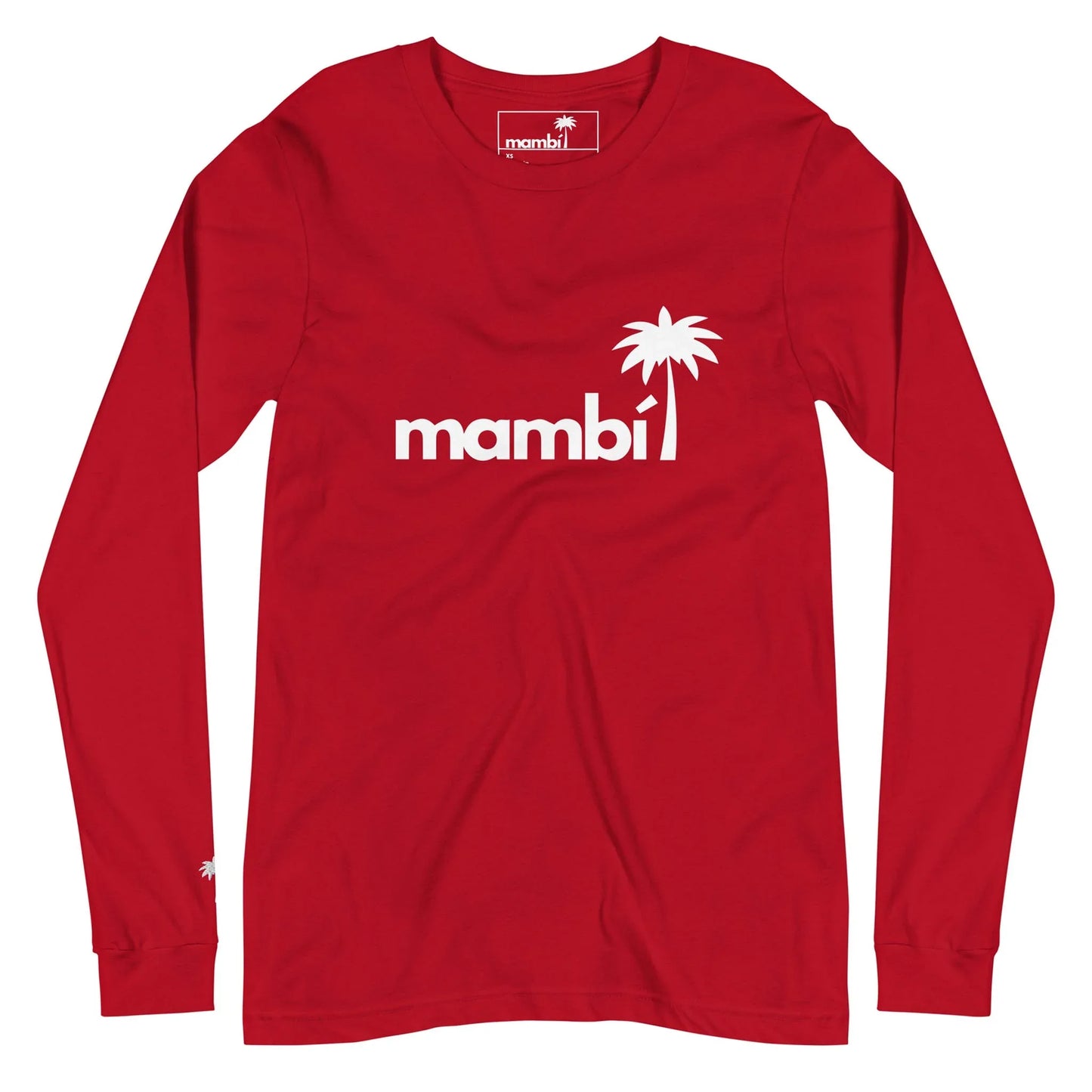 A red long-sleeve shirt featuring Mambí in bold white lowercase letters on the front, paired with a stylish white palm tree graphic.