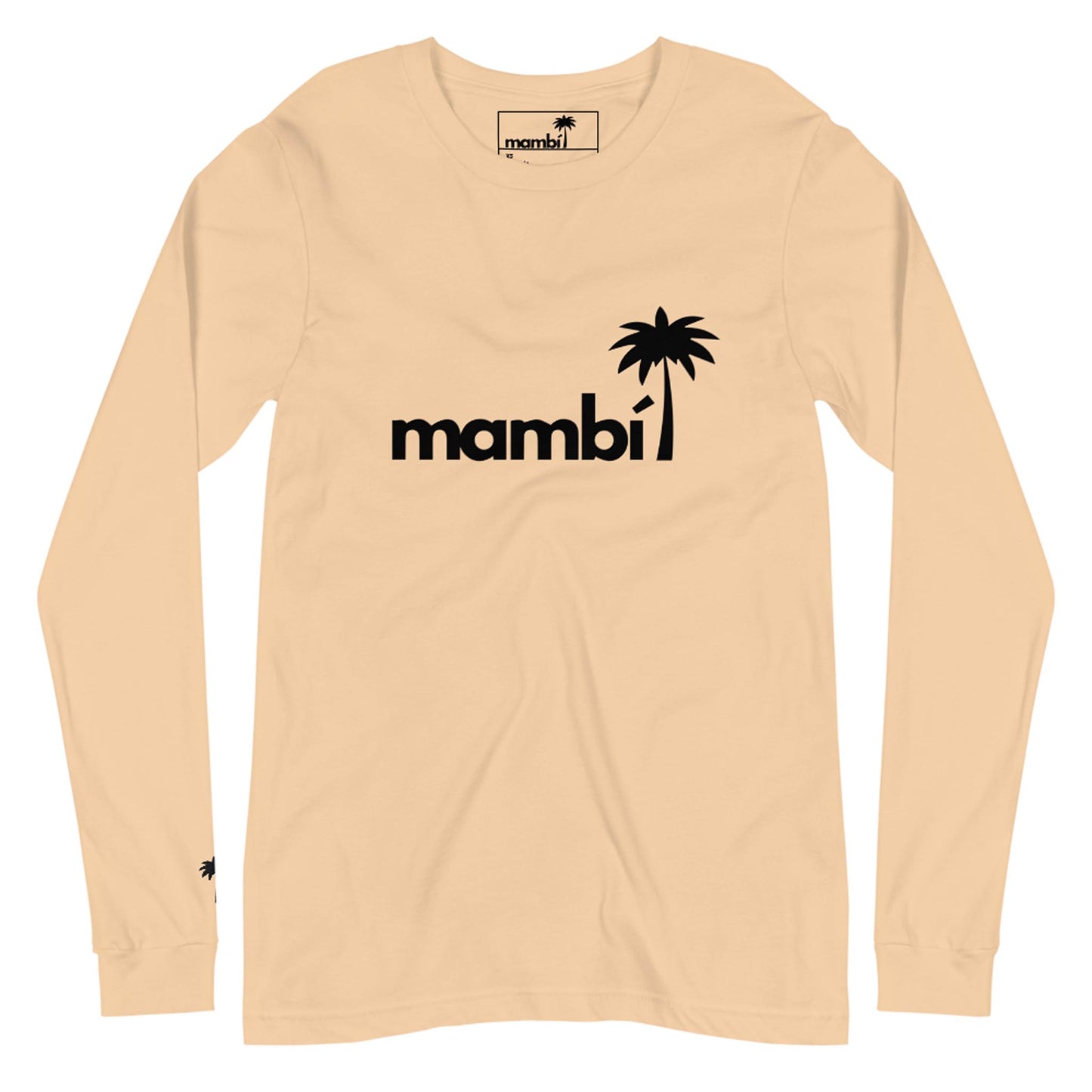 Beige long-sleeve shirt featuring Mambí and a black palm tree logo on the front. A smaller palm tree logo accents the left sleeve near the wrist.