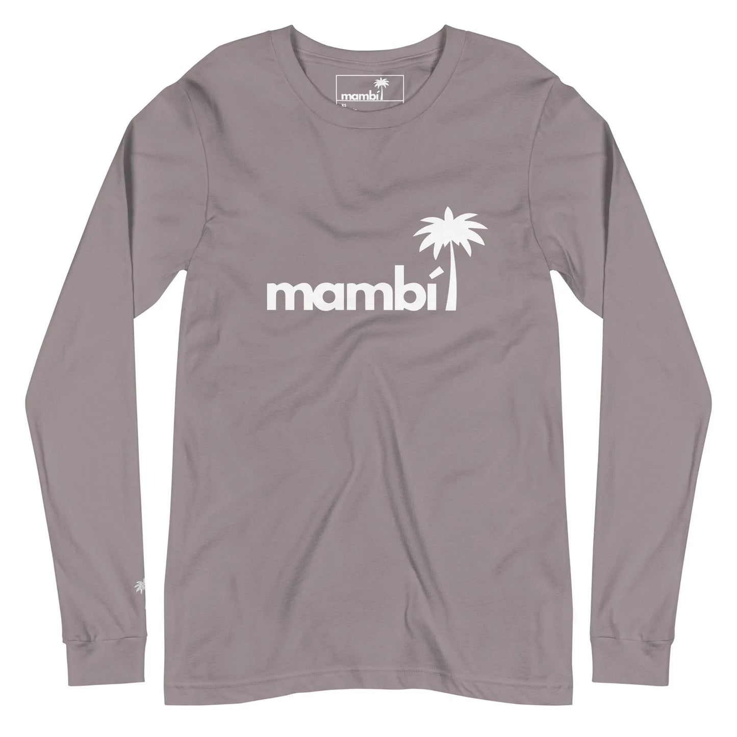 A long-sleeve mauve shirt featuring Mambí in white lowercase letters and a white palm tree graphic above the i on the chest, plus a small white palm tree on the left wrist.