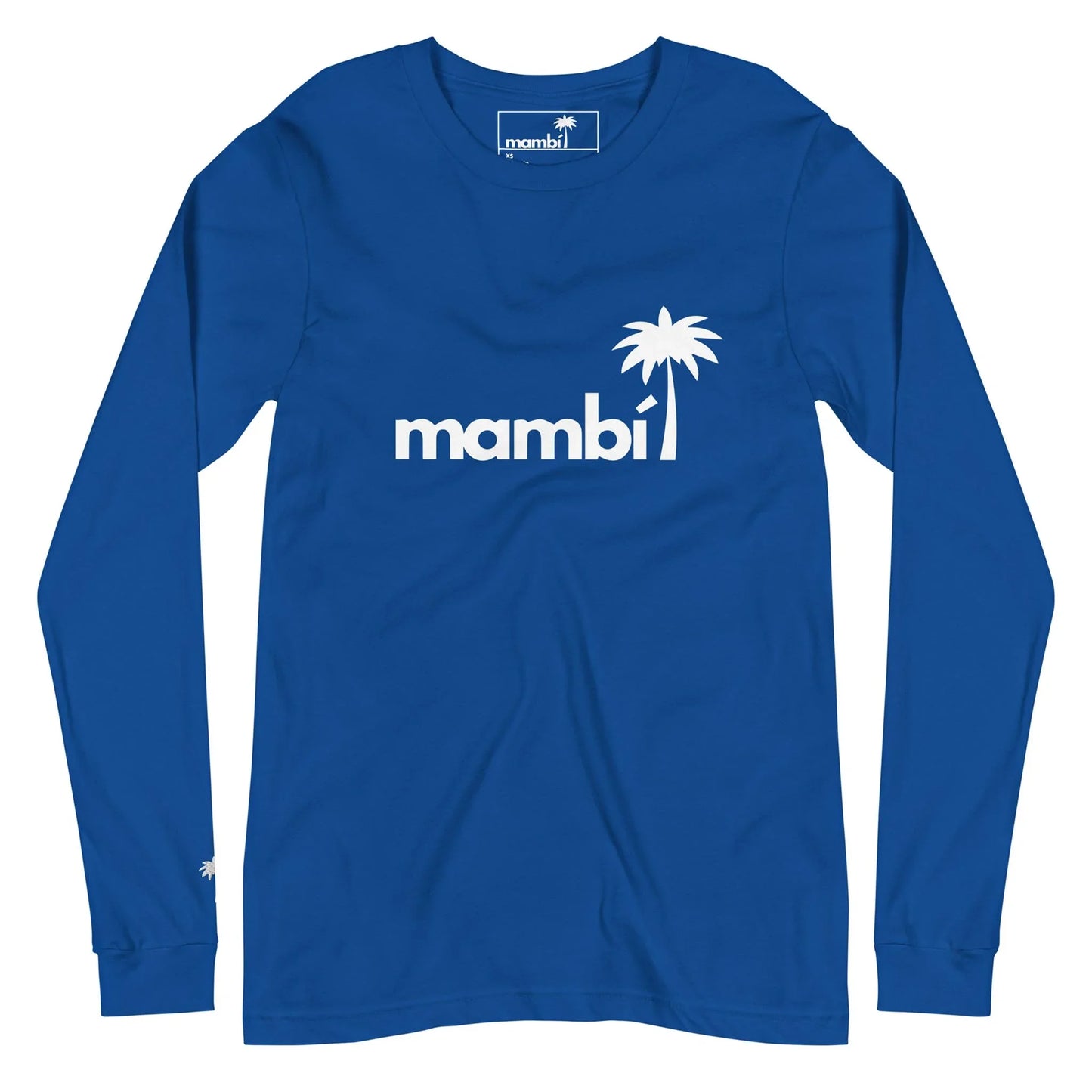 Blue long-sleeve shirt featuring Mambí in white across the chest, with a white palm tree graphic to the right of the text.