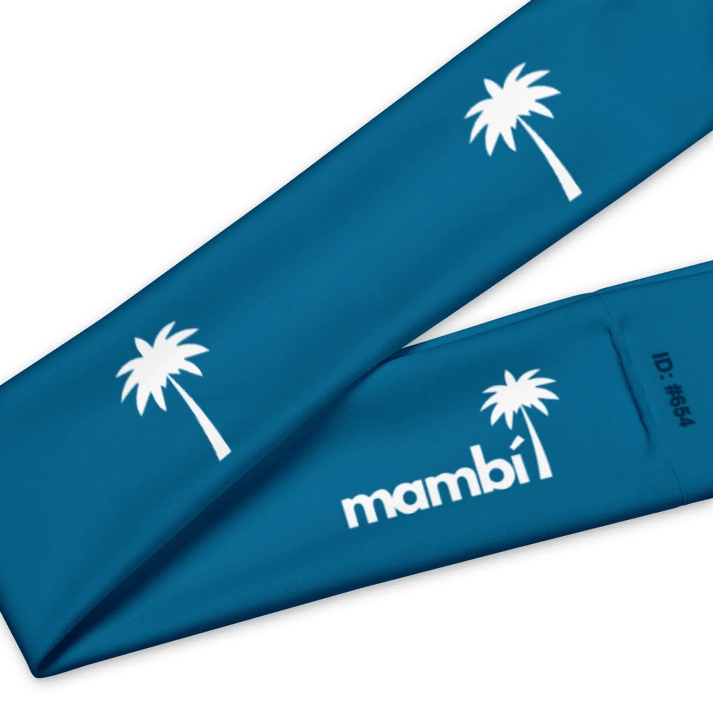 Blue fabric sleeve with white palm tree graphics, the word Mambí in lowercase white letters, and ID: #664 in small black text.