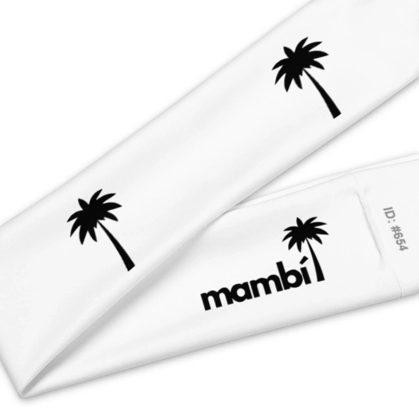 White fabric bands with black palm tree silhouettes and the word Mambí printed in bold black letters. One band also displays ID: #654 in small type.
