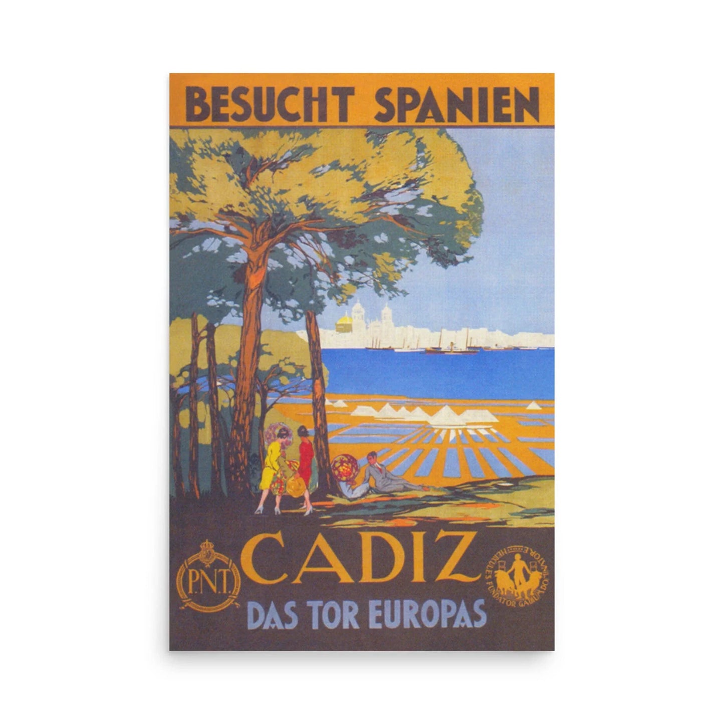 The Cadiz Reprinted Vintage Poster by Printful, printed on premium luster paper (24x36), features people relaxing under seaside trees with Cádiz in the background. German text reads: Besucht Spanien – Cadiz Das Tor Europas. Perfect for refined decor.