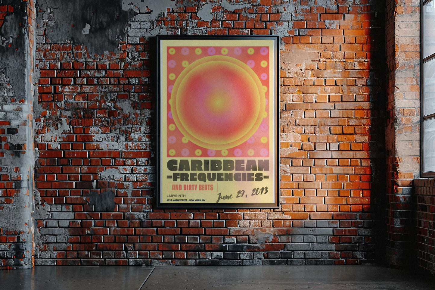 A colorful poster for “Caribbean Frequencies and Dirty Beats” on a weathered brick wall. The design features a large, abstract, Mambí-inspired circular motif with event details and the date, June 29, 2023, at the bottom.