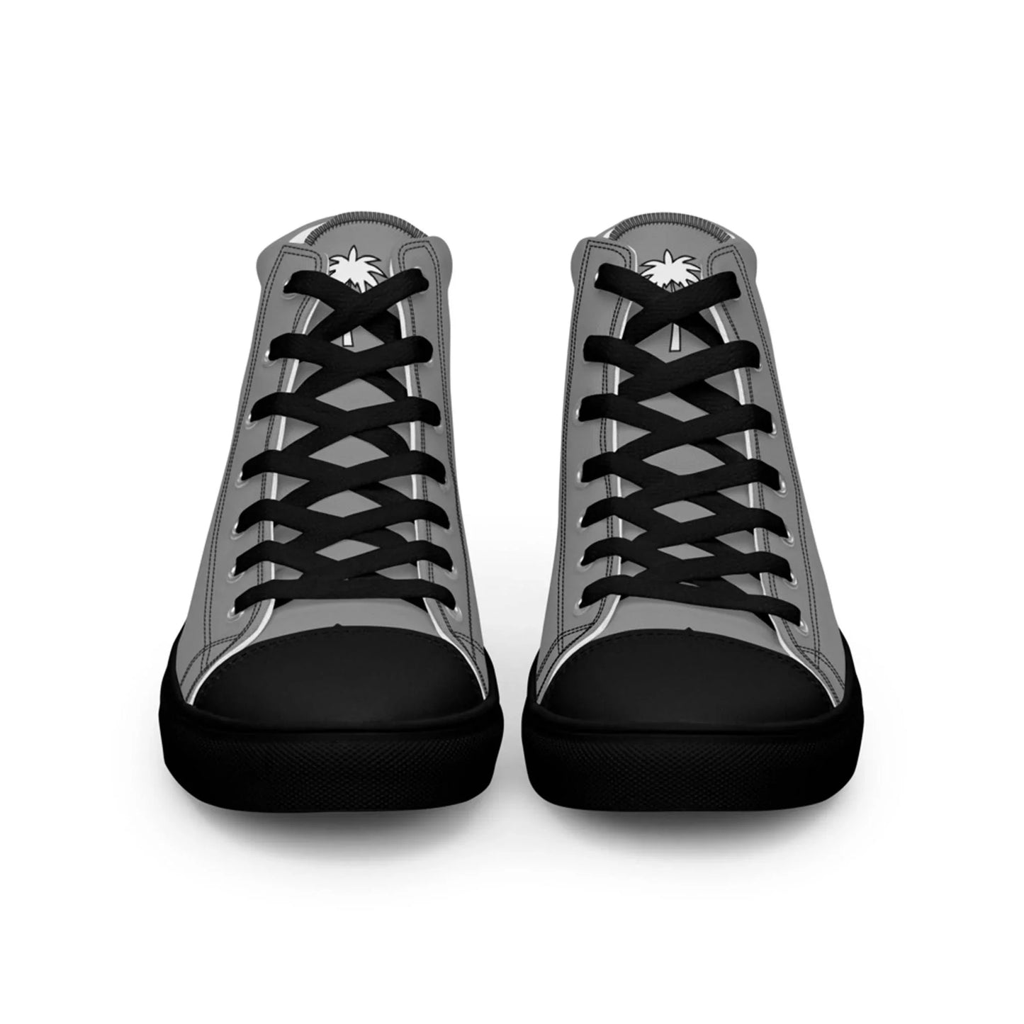 A pair of Mambí high-top sneakers with black soles, black laces, and gray uppers, featuring a small white palm tree design on the tongue of each shoe, shown from the front against a white background.
