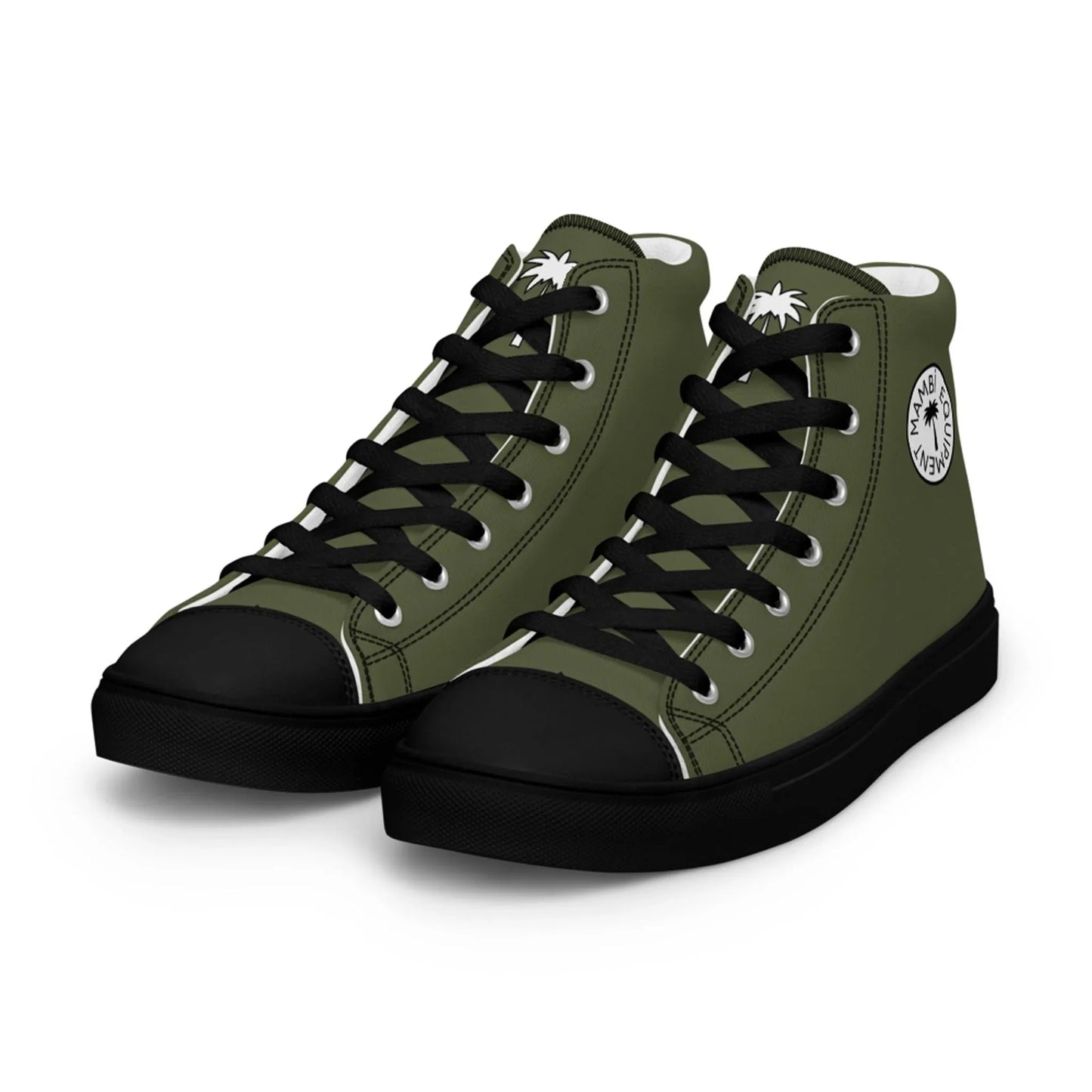 Printful Carlito Sastre Vintage Hi-Top Sneakers for men in Black/Saratoga feature olive green canvas, black laces, toe caps, soles, and a white circular palm tree logo on the side—classic Carlos Sastre-inspired style.