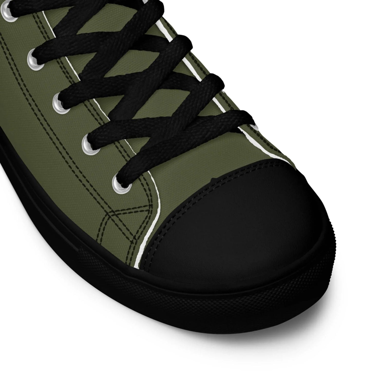 Close-up of the Carlito Sastre Vintage Hi-Top Sneakers by Printful, showcasing black laces, toe cap, and rubber sole with white stitching and eyelets on an olive green upper in a classic mens hi-top design. Color: Black/Saratoga.