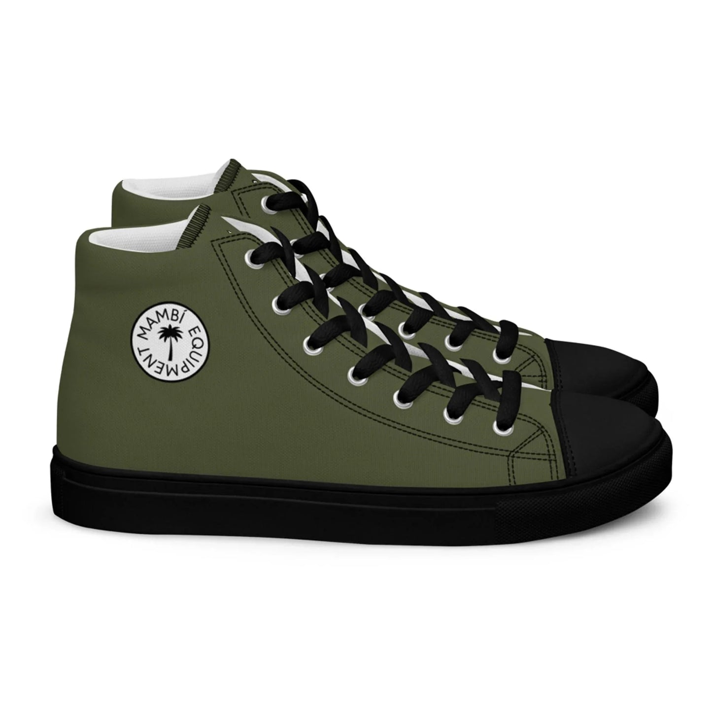 The Carlito Sastre Vintage Hi-Top Sneakers for men by Printful feature an olive green canvas, black laces and soles, a white circular MWAMBI EQUALEMENTY logo, white interiors, and black toe caps for a classic look.