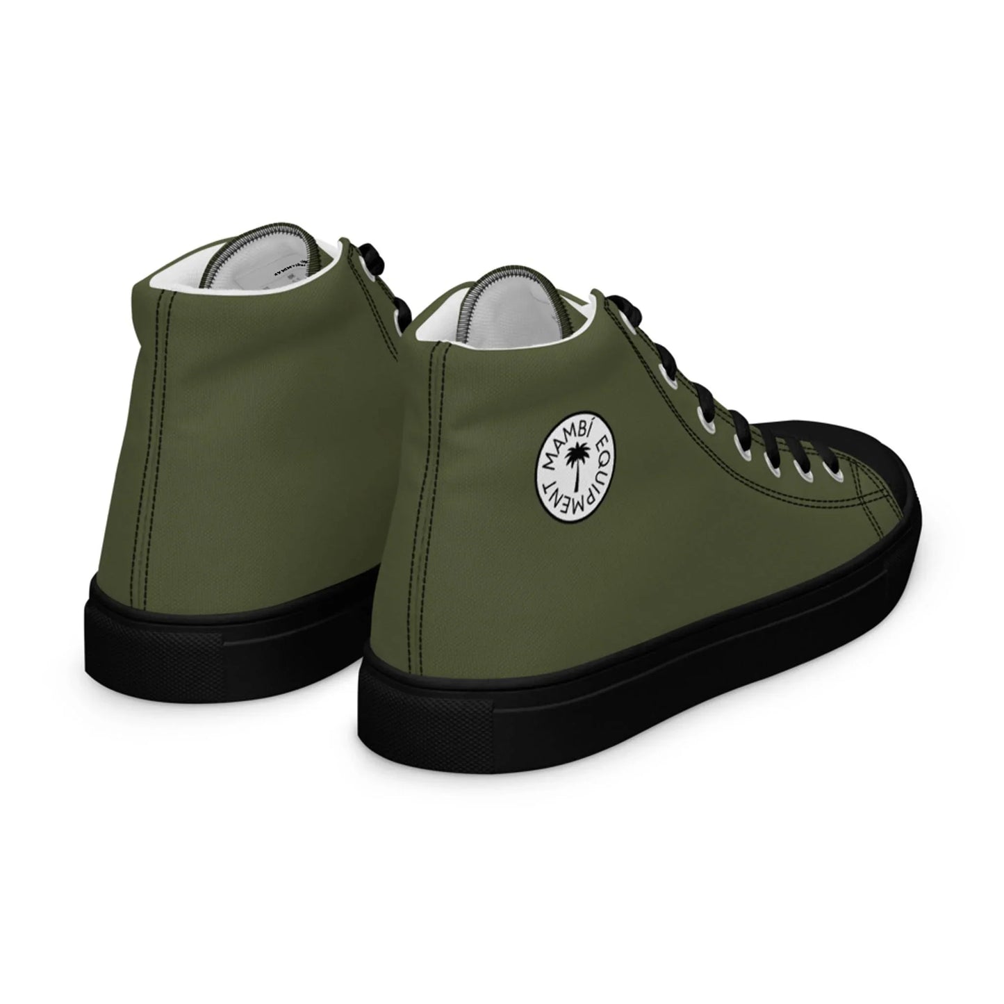 The Carlito Sastre Vintage Hi-Top Sneakers by Printful feature olive green canvas, black soles and toe caps, and a circular white logo with black text and a palm tree near the ankle—a style even Carlos Sastre would admire.