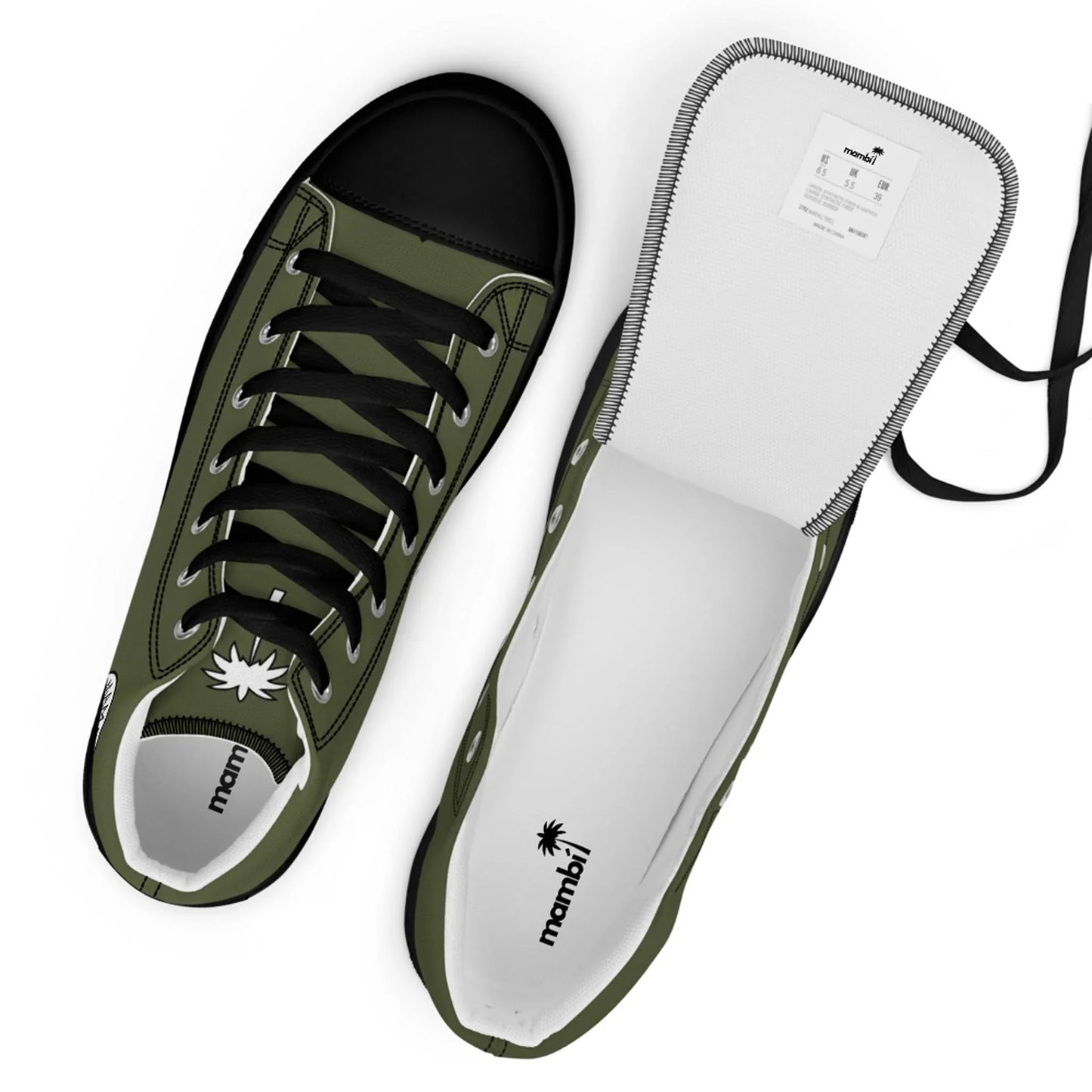The Printful Carlito Sastre Vintage Hi-Top Sneakers for men feature a black and Saratoga (olive green) canvas design. One shoe stands upright displaying the side and laces; the other is on its side showing the insole and logo details.