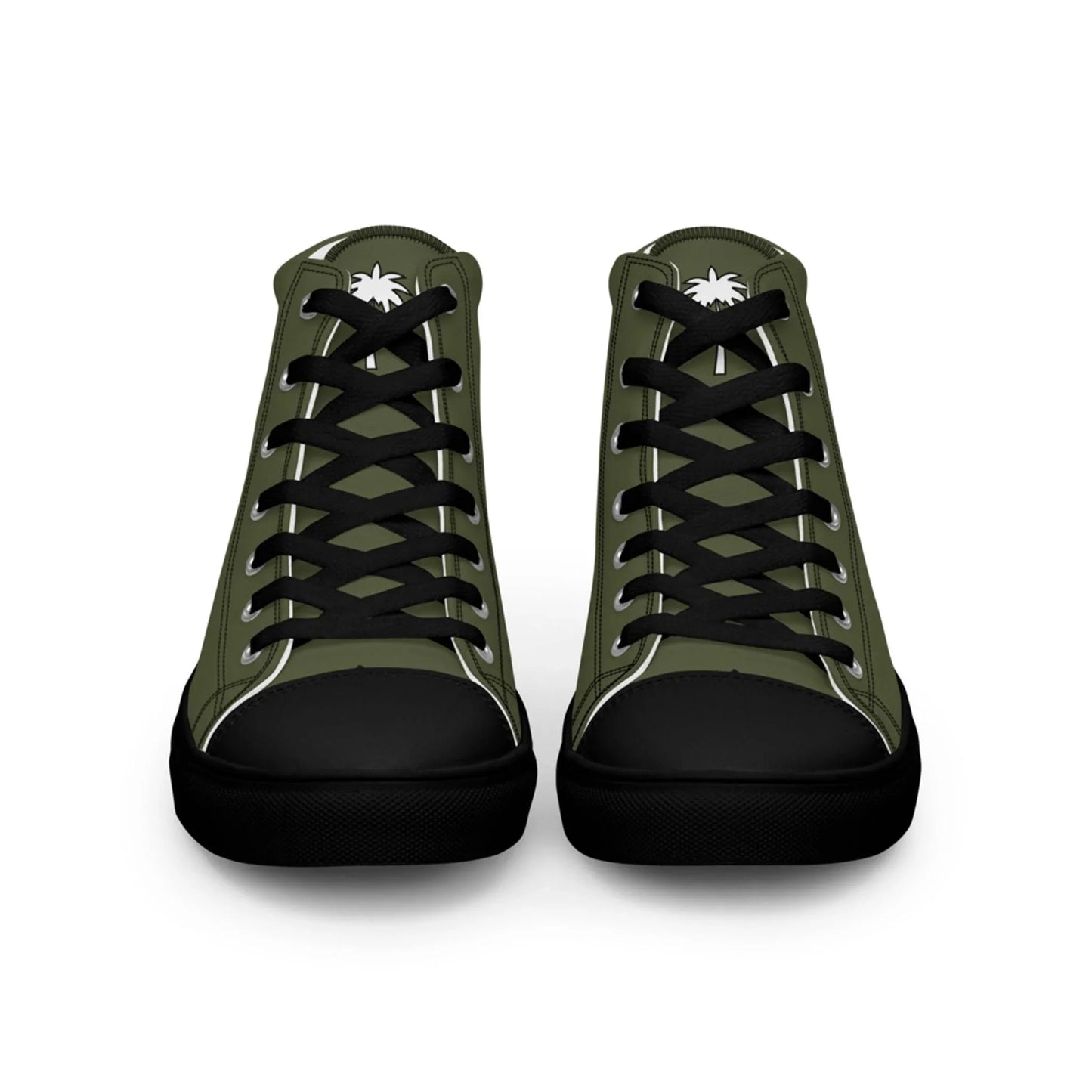 Printful Carlito Sastre Vintage Hi-Top Sneakers for men in Black/Saratoga, featuring olive green canvas uppers, black toes, laces, and soles. A small white palm tree logo appears on each tongue. Front view shown.