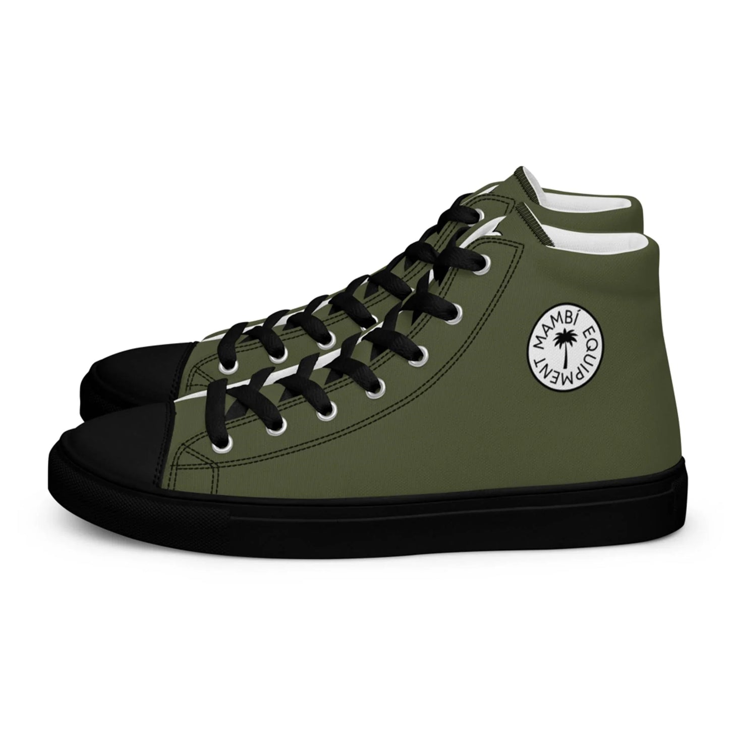 The Carlito Sastre Vintage Hi-Top Sneakers by Printful feature black soles and laces, a white circular palm tree logo with MAMBI EQUAMEN, and come in an olive green canvas for a stylish, off-track look inspired by Carlos Sastre.