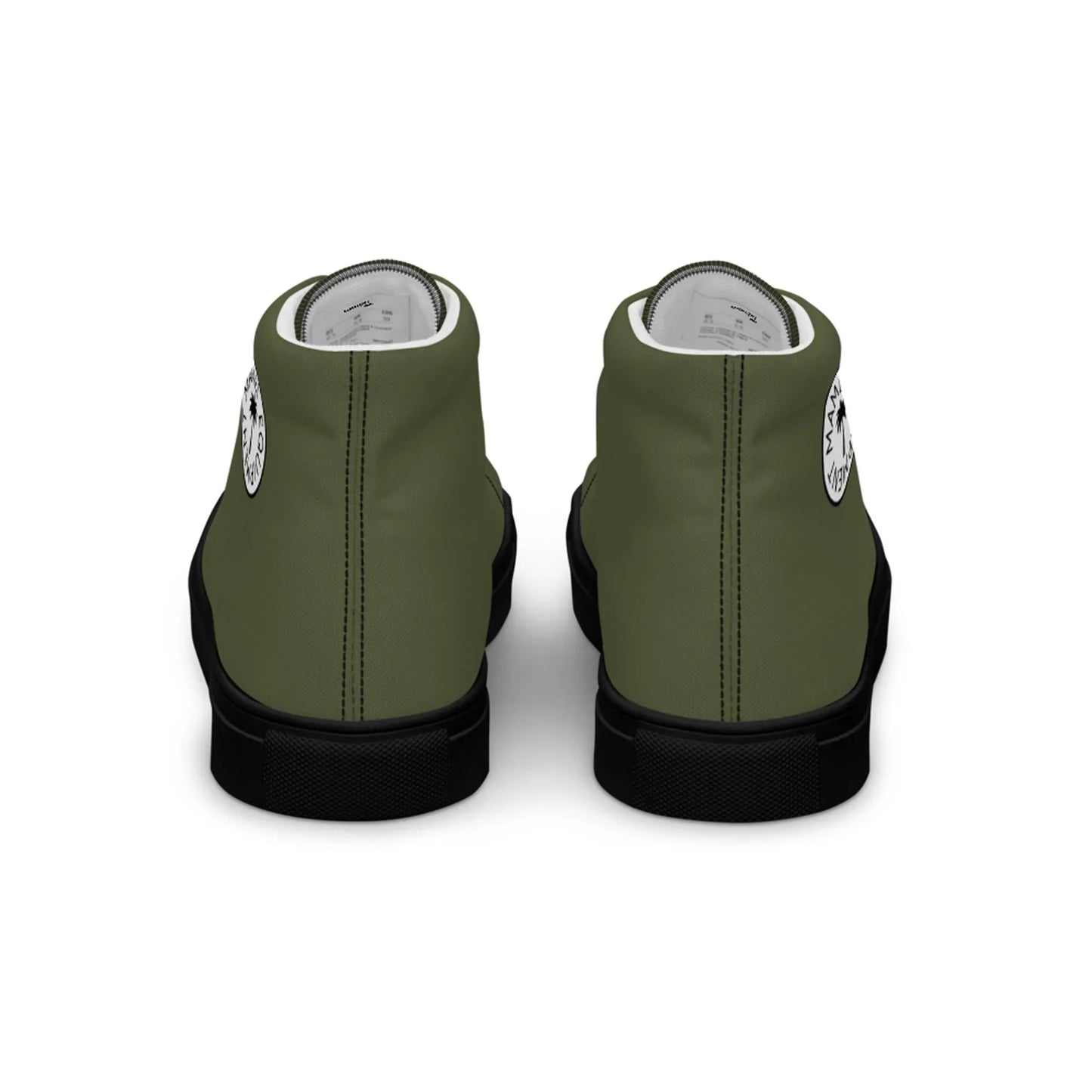The Carlito Sastre Vintage Hi-Top Sneakers by Printful feature an olive green canvas with black soles, a white circular logo near the heel, and are displayed side by side on a white background.