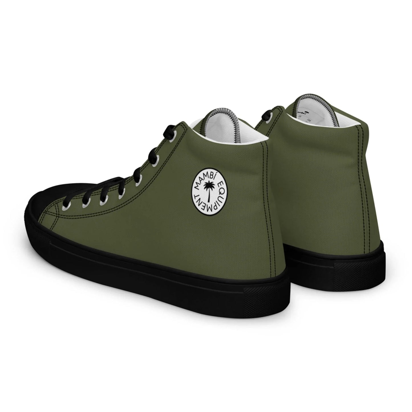 A pair of Carlito Sastre Vintage Hi-Top Sneakers by Printful in Black/Saratoga, featuring retro canvas uppers, black soles and toe caps, plus a round palm tree logo—classic style inspired by Carlos Sastre’s laid-back vibe.