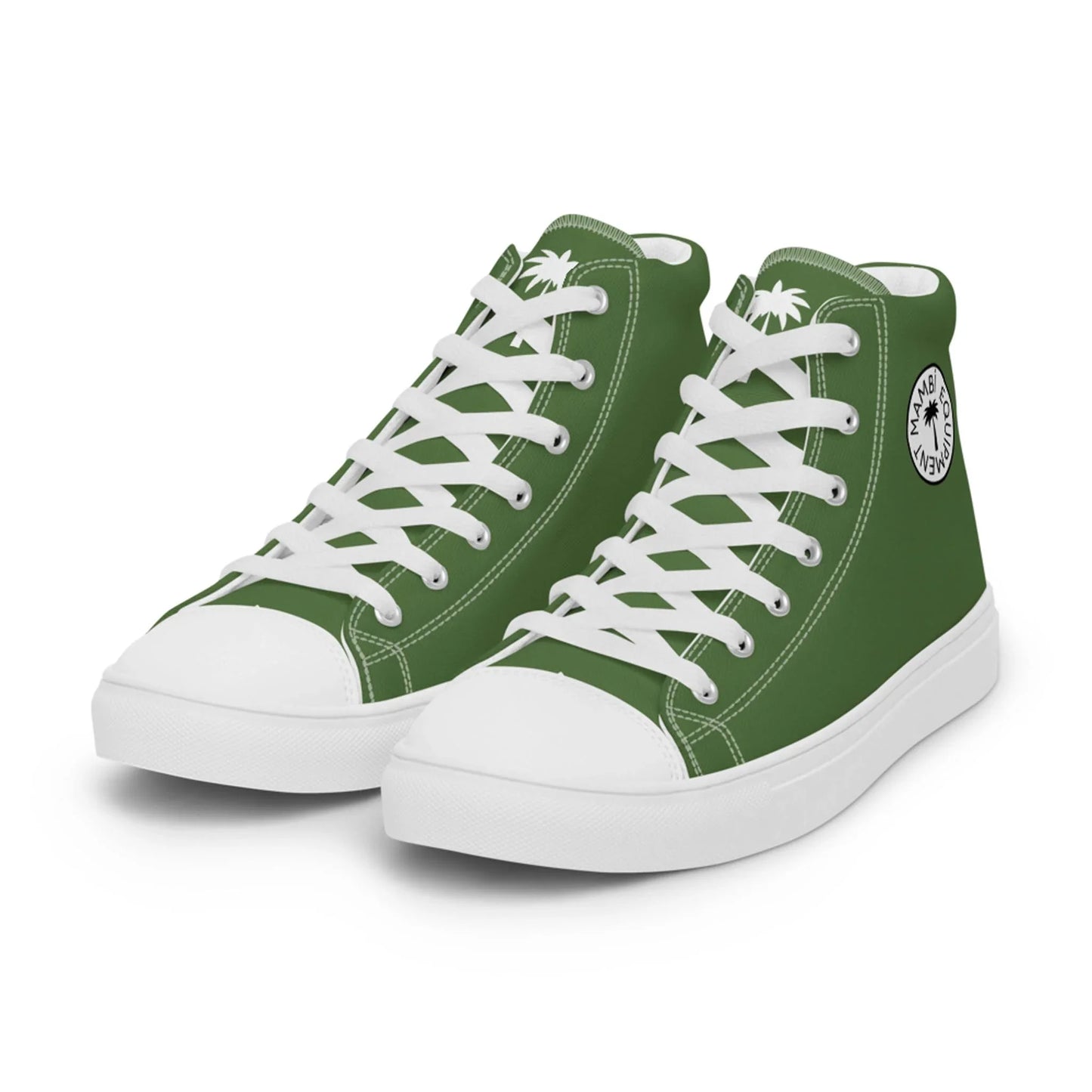 The Carlito Sastre Vintage Hi-Top Sneakers by Printful feature a classic white and fern green design, white laces, rubber soles, and a circular palm tree logo on the side—an iconic mens canvas sneaker with timeless details.