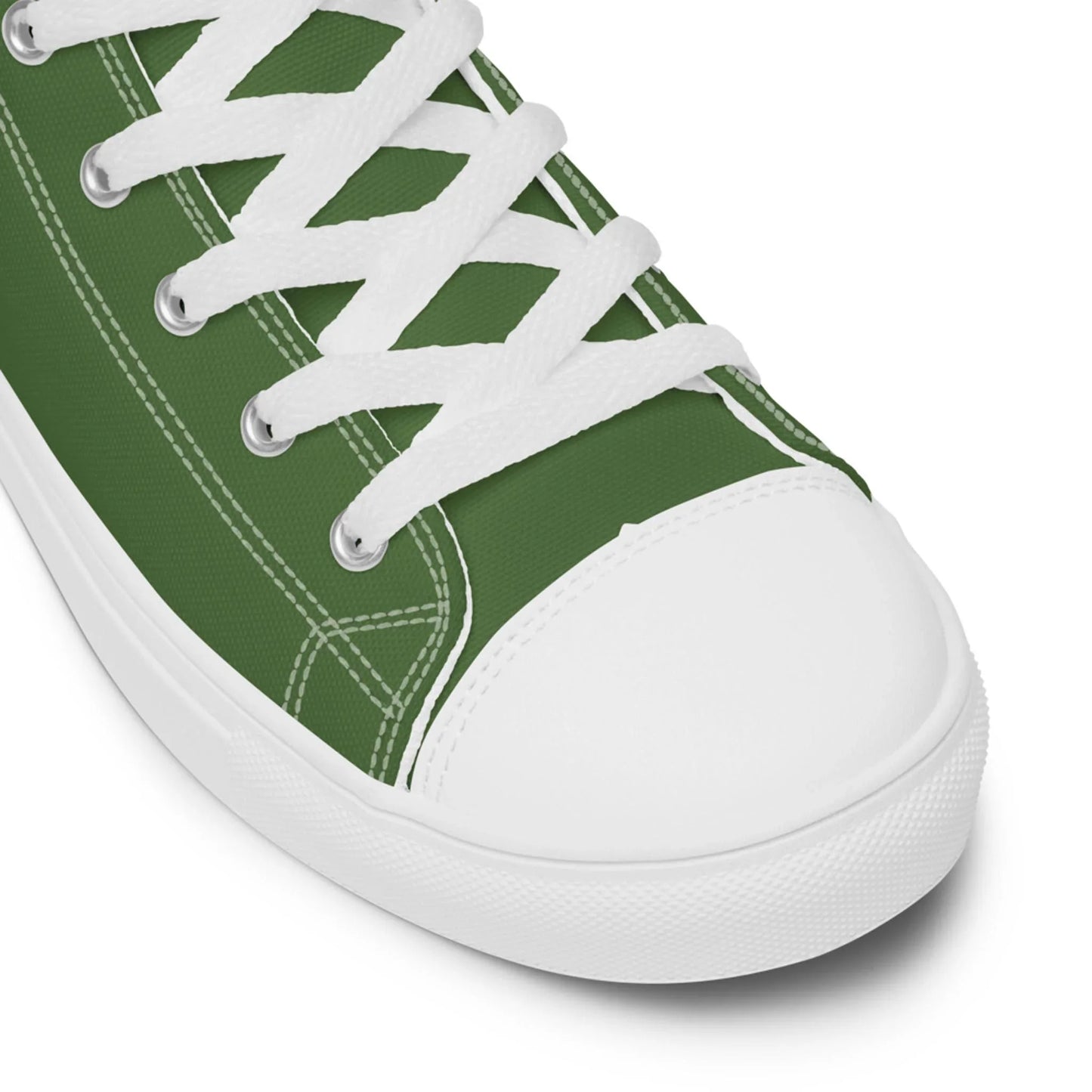 Close-up of the Printful Carlito Sastre Vintage Hi-Top Sneakers for Men in White/Fern Green, featuring white laces, stitching, and a rubber toe cap and sole. The angled shot highlights the classic front and side sneaker design.