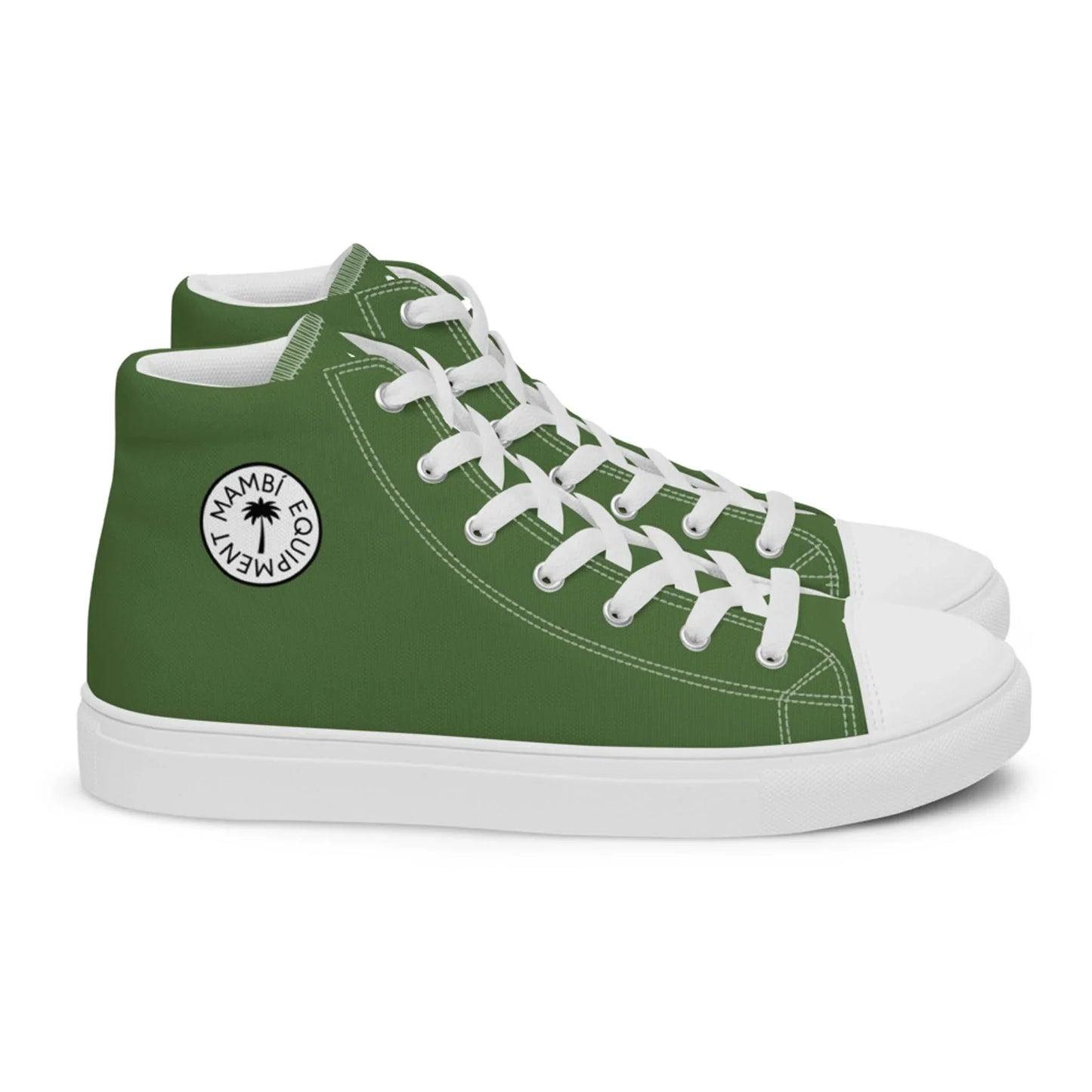 The Carlito Sastre Vintage Hi-Top Sneakers by Printful feature a white/fern green design, white laces and soles, and a side patch with EMPOWERMENT EQUALITY text and a starburst, offering a timeless mens style.