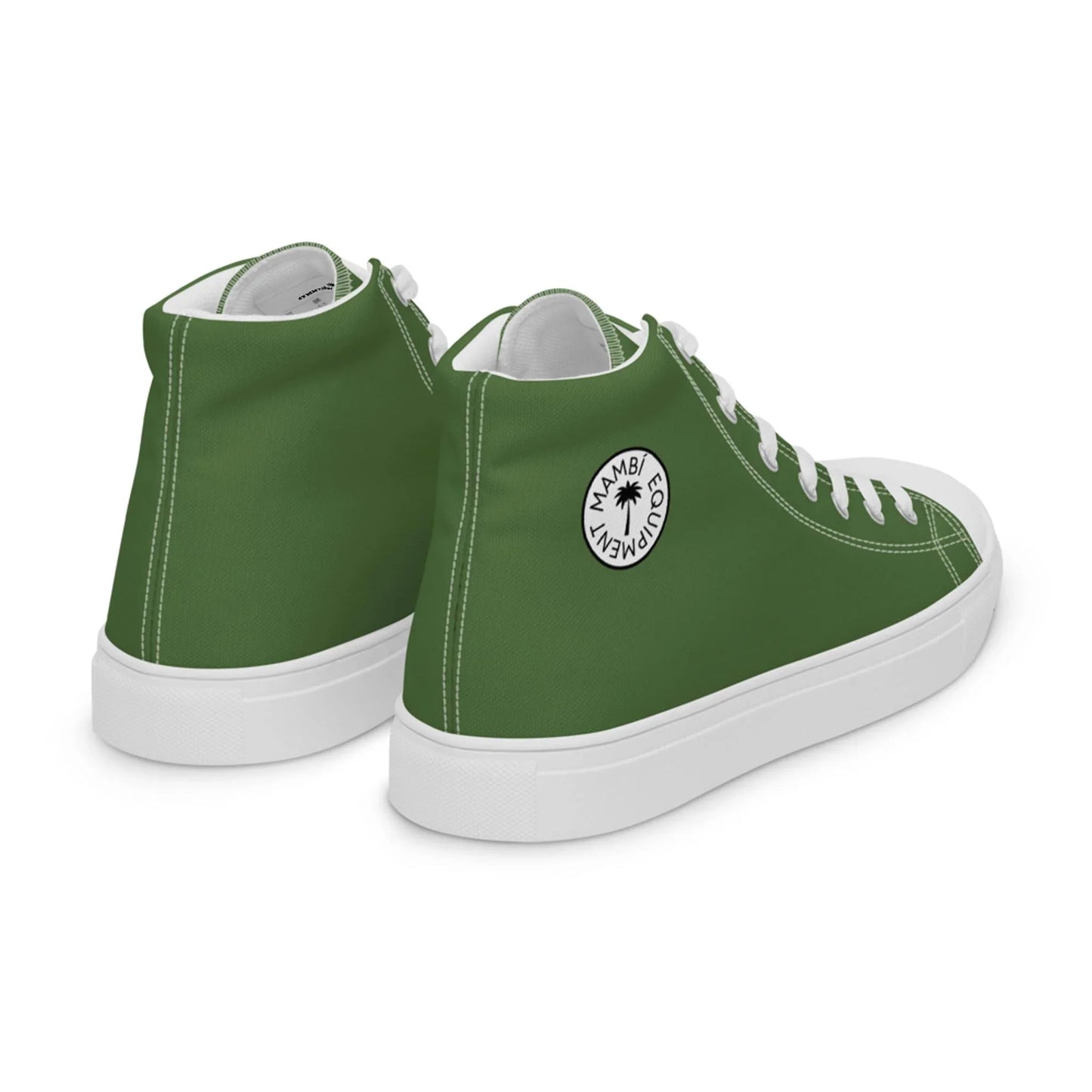 A pair of Printful Carlito Sastre vintage hi-top sneakers for men in white and fern green, featuring canvas uppers, white soles and laces, and a round ankle patch with black text and graphic—shown from the side/rear angle.