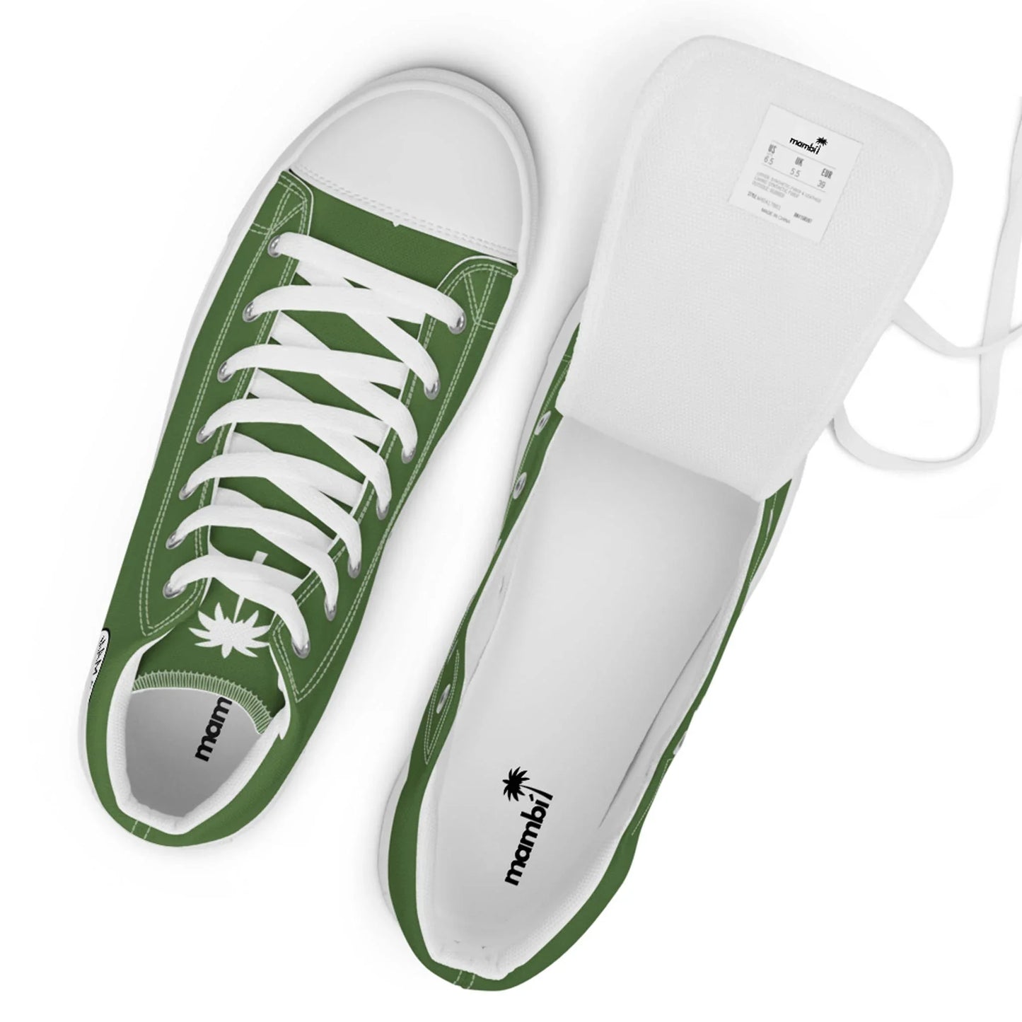 Top view of Printful Carlito Sastre Vintage Hi-Top Sneakers for men in White/Fern Green, featuring white laces, a palm tree and “mambij” logo on the tongue and inside, with one tongue pulled out to show the label.