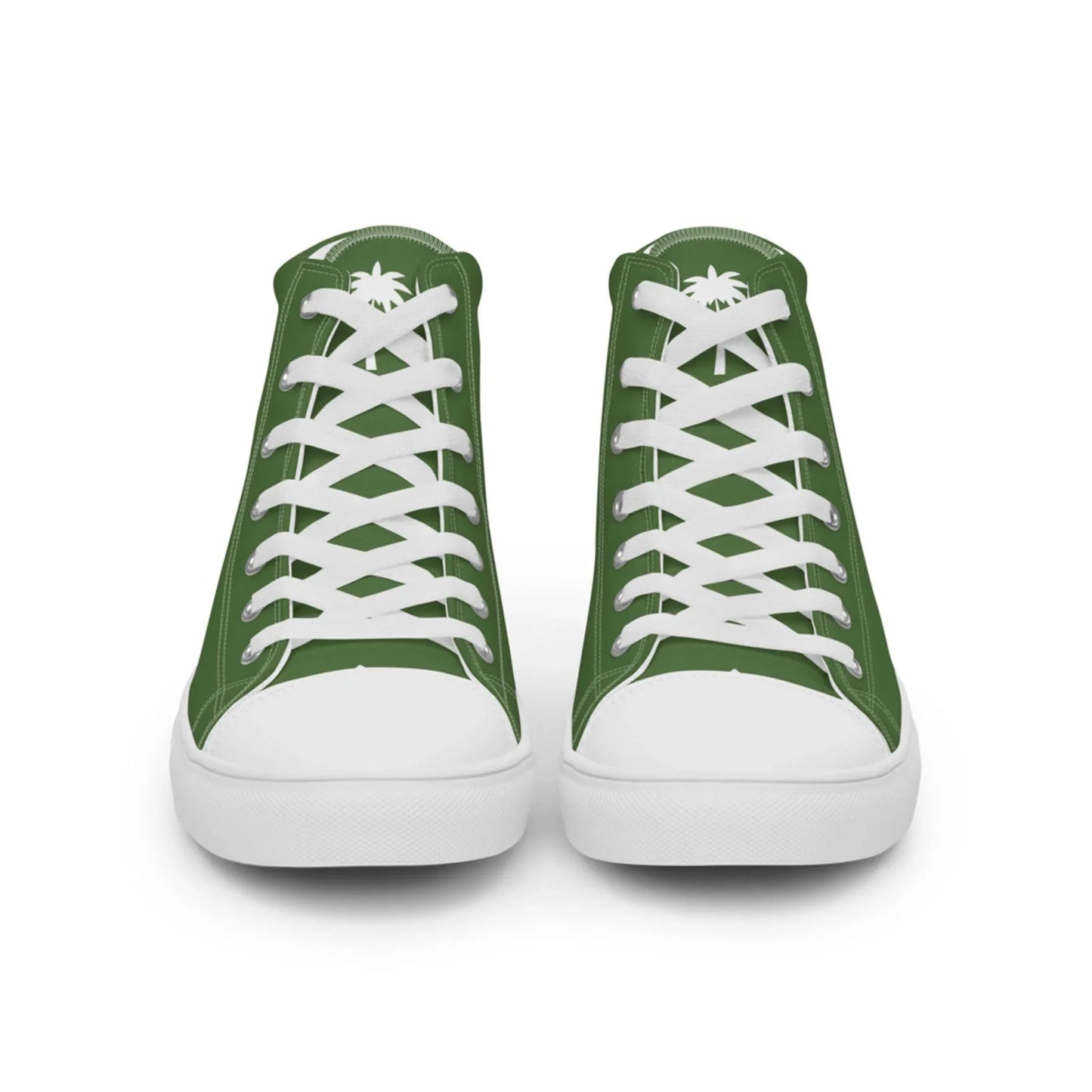The Carlito Sastre Vintage Hi-Top Sneakers by Printful feature a classic mens design in white and fern green, with white laces, soles, and a palm tree logo on the tongue.